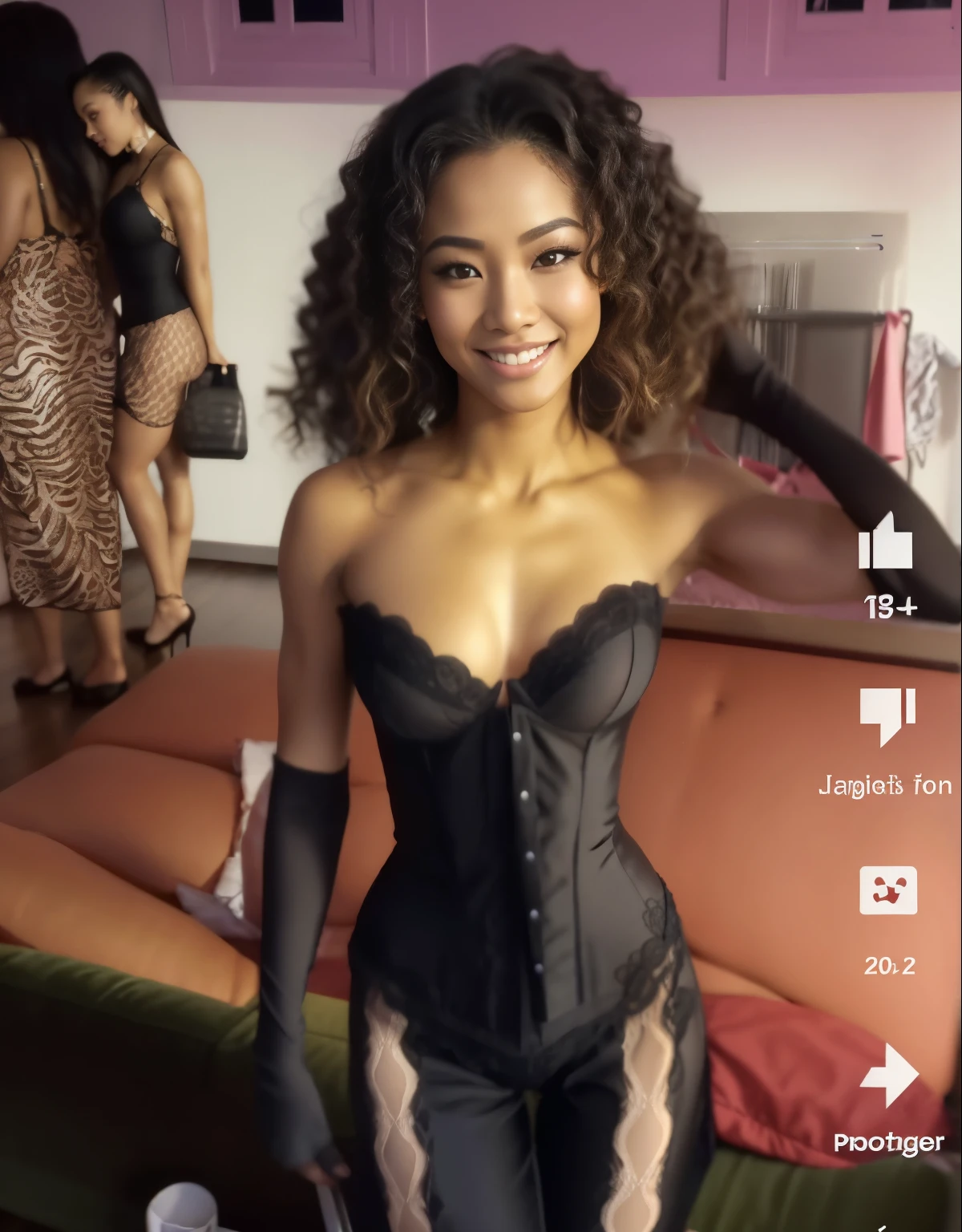 Young Thai woman, Fit physique, fitness physique, portant de la lingerie noire sexy, watch on the canapé, les jambes ouvertes, corps sexy, (8K), (best quality), (chef-d&#39;artwork:1.3), (Realistic), (photorealistic:1.34), Ultra-detailed, [Beautiful detailed eyes], (sourire), (sourire), (beautiful detailed nose), [cheveux blonds très longs], (haut court), lingerie noire, (superbes seins taille normale), (gros plan), profondeur de champ, full body view, sitting on the sofa, legs spread, montrant l&#39;entrejambe, pieds en l'air