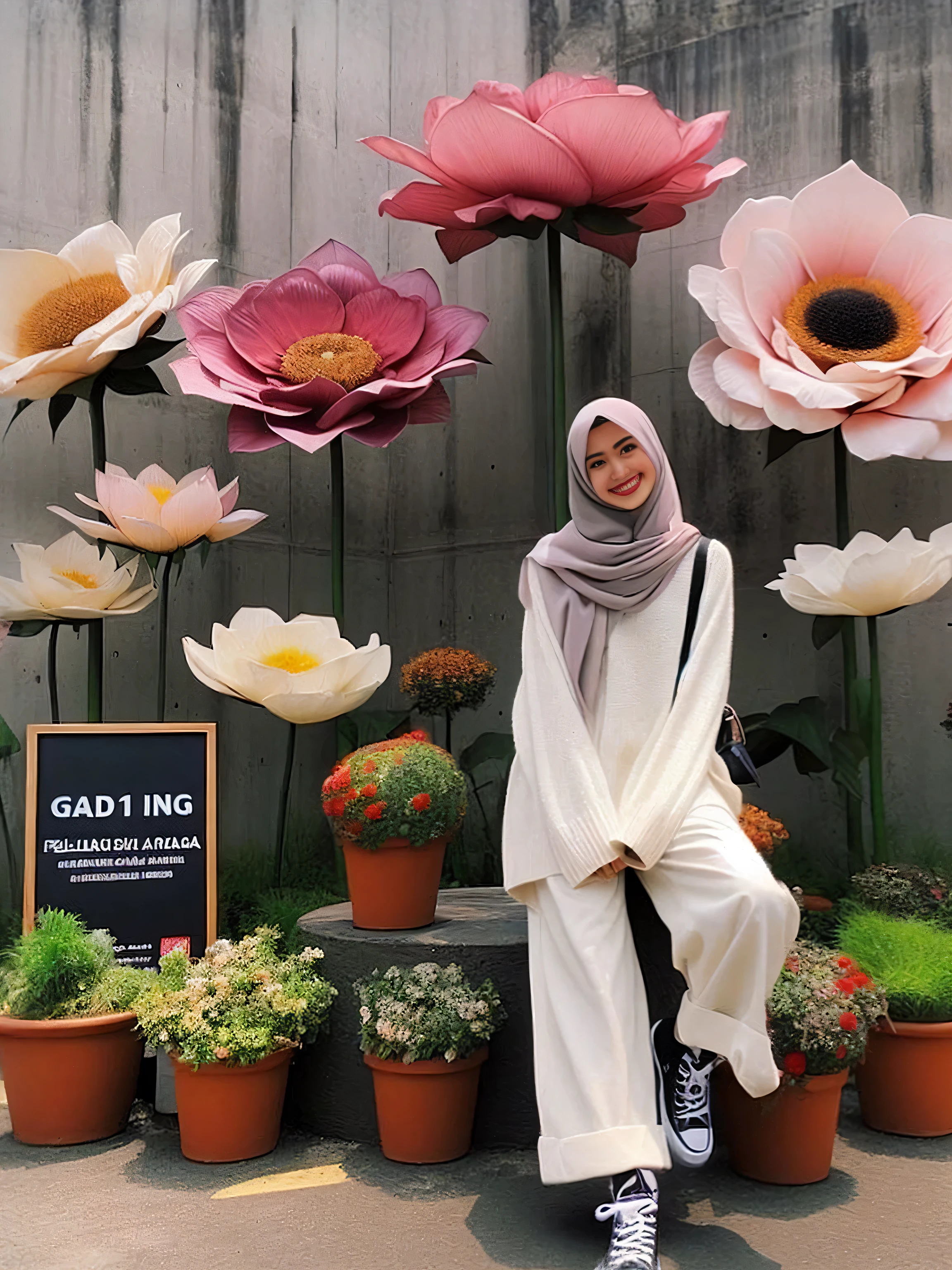 there is a woman standing in front of a display of flowers, hijab, instagram picture, girl in flowers, giant flowers, with flowers, inspired by Nazmi Ziya Güran, inspired by Mym Tuma, a picture, inspired by Fathi Hassan, queen of flowers, modest!, lovely, inspired by Ingrida Kadaka