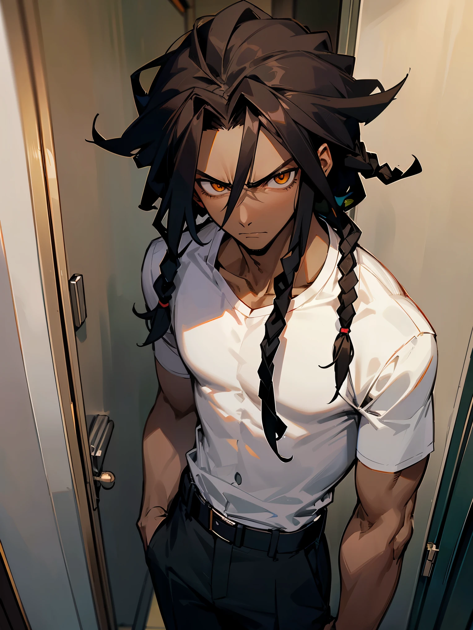 1male , Dark Skin , Blacl Hair , Dreadlocks , Black Unbuttoned Gakuran Uniform ,White T-Shirt, Standing in hallway , Serious Expression