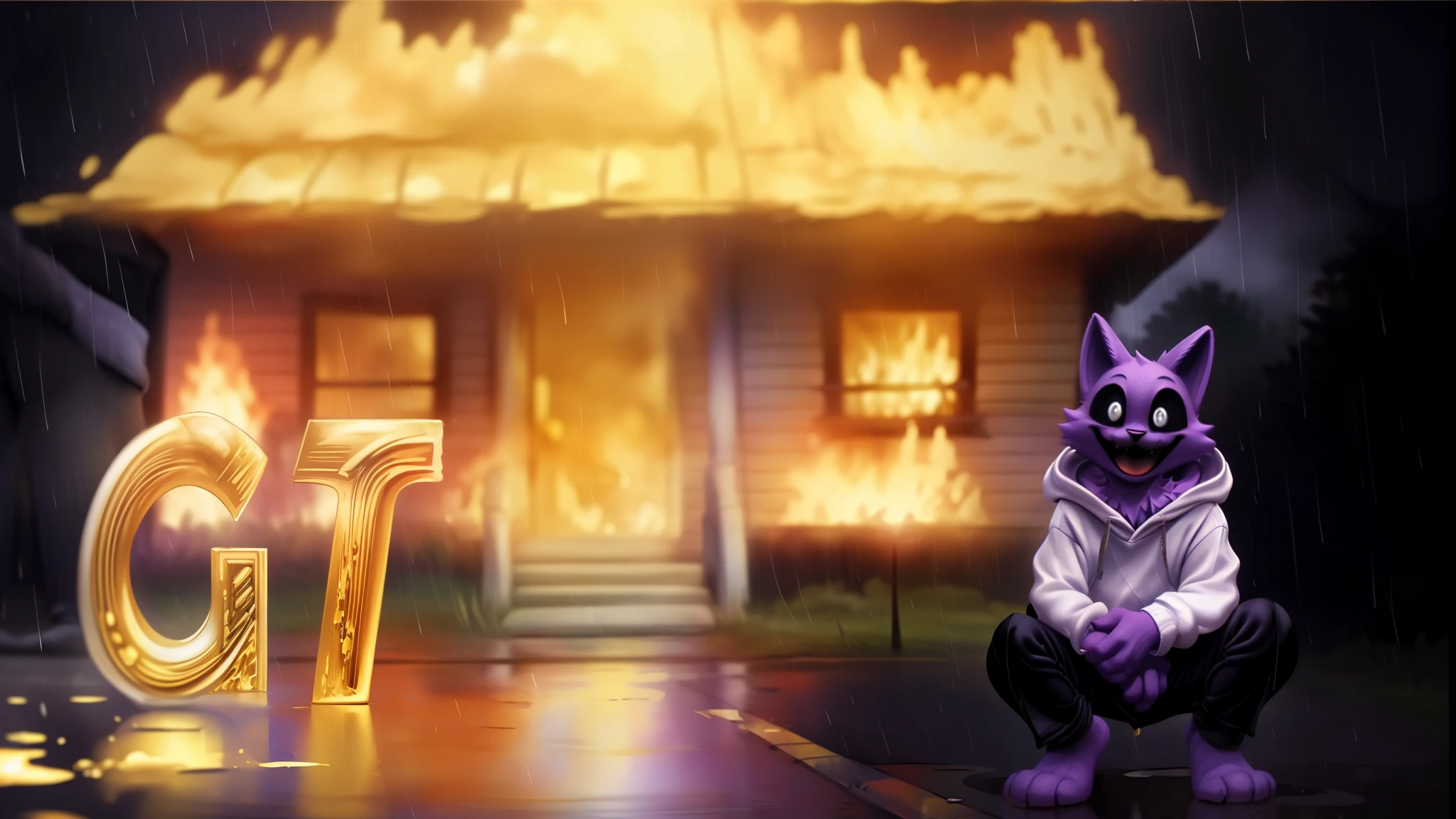 Distorted fantasy letters, (Letters in the background), symmetric, (Gold bars ), diamonds, fluffy, purple cat, black eyes, crazy laugh, black mouth, perfect eyes, male, masterpiece, best quality, highest quality, purple fur, nervous smile, (in a white hoodie: 1.6), (in black trousers: 1.6),He sat down, sat down on one knee, holding a pistol in his hands, a golden pistol, full body,detailed,holding a gun,on the street, on the road, a wooden blue house is burning in the background, it's raining,a fire,a blue private house is burning, the rain is heavier, reflections in a puddle,(green lawn),