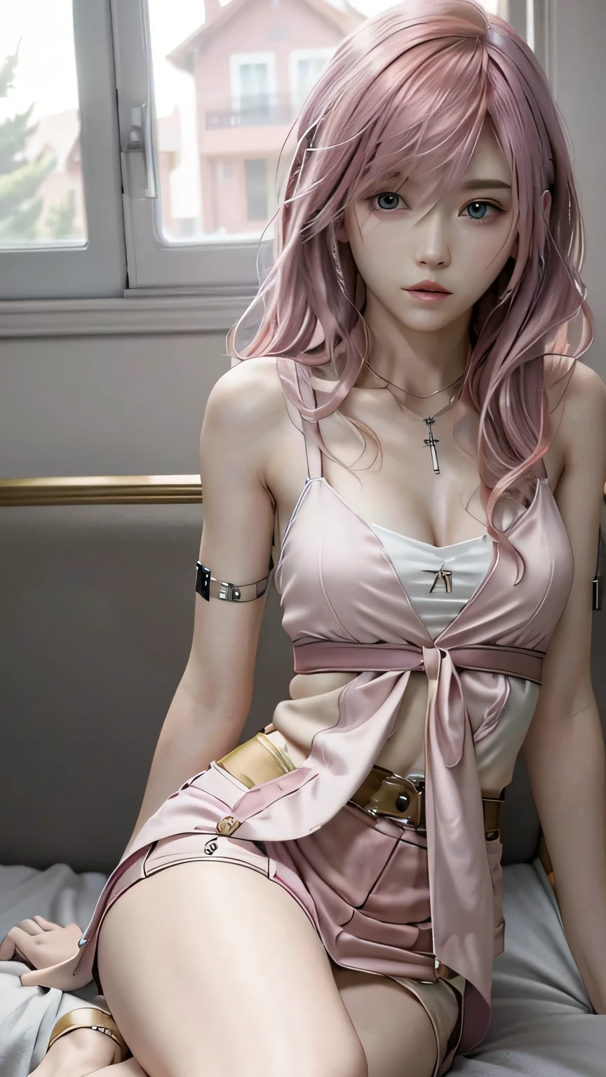 (masterpiece, highest quality:1.3)
 1 girl, alone, so beautiful、long hair, pink hair、camisole