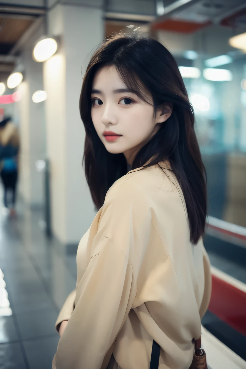 Bokeh train cinematic photo of beautiful Korean fashion model