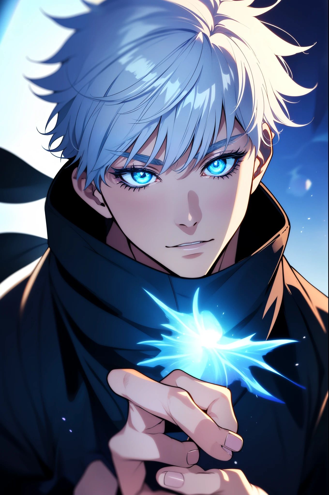 ((high detailing、Cinematic lighting))、messy white hair、Aquamarine eyes、White lashes、Divine Rays、Ray tracing、drop shadow、optical illusion、The upper part of the body、Looking at the camera、Master Parts、((super detailing、Best Quality、8K))、Jujutsu Kaisen、Gojo Gojo、Black costume、Surgical unfolding、Perfect black jet background、serene expressions、Be powerful、mystic atmosphere、(Strange moonlight、ominous shadows、 Intense blue aura、 Intense red aura、Symbol of the power that surrounds you、Radiating magical energy、Mystical artifacts、Ether particles、dynamicposes、Epic soundtrack、Sense of Wonder、(((Detailed hand)))