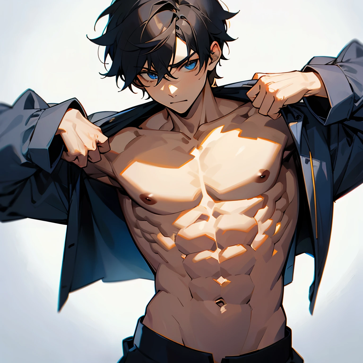 A tall boy with black hair, horns, scars, earrings, bracelets, ring, black piercing, nipple shields and short shorts. Black nails, a little long, with a lot of muscle. 