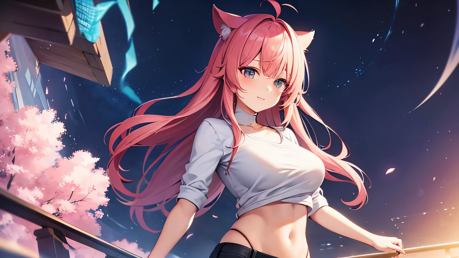 anime、pink hair、big breasts、white shirt、shorts、valley