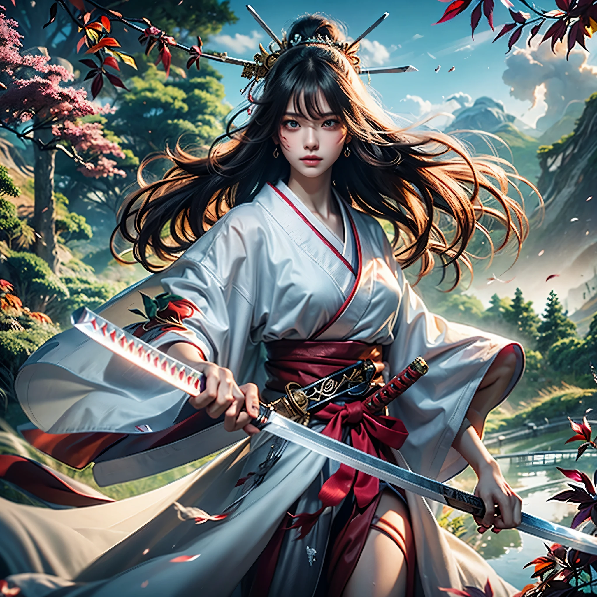 (woman swordsman、Hold the sword、Iai-no-I、Japanese Katana Sword)(Masterpiece 1.4, Best Quality 1.4),1girl in, Detailed skin、Detailed and Beautiful Face 1.4、Bow, Long hair, A dark-haired , Hair fluttering in the wind、White and red kimono、 Blood-stained kimono、Sandals、Official art, Good composition, Official Pose, detailed portrait,Clouds and mountains background, Samurai, High resolution, Dramatic lighting and shadows, snowscape、In the wooded forest