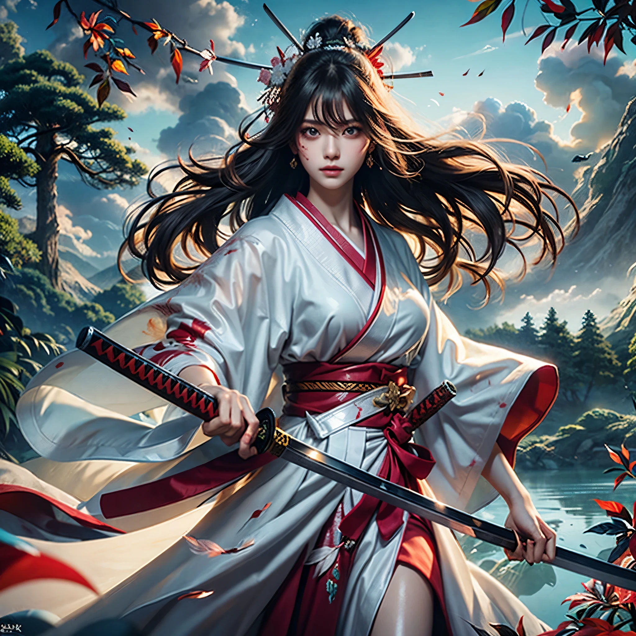 (woman swordsman、Hold the sword、Iai-no-I、Japanese Katana Sword)(Masterpiece 1.4, Best Quality 1.4),1girl in, Detailed skin、Detailed and Beautiful Face 1.4、Bow, Long hair, A dark-haired , Hair fluttering in the wind、White and red kimono、 Blood-stained kimono、Sandals、Official art, Good composition, Official Pose, detailed portrait,Clouds and mountains background, Samurai, High resolution, Dramatic lighting and shadows, snowscape、In the wooded forest