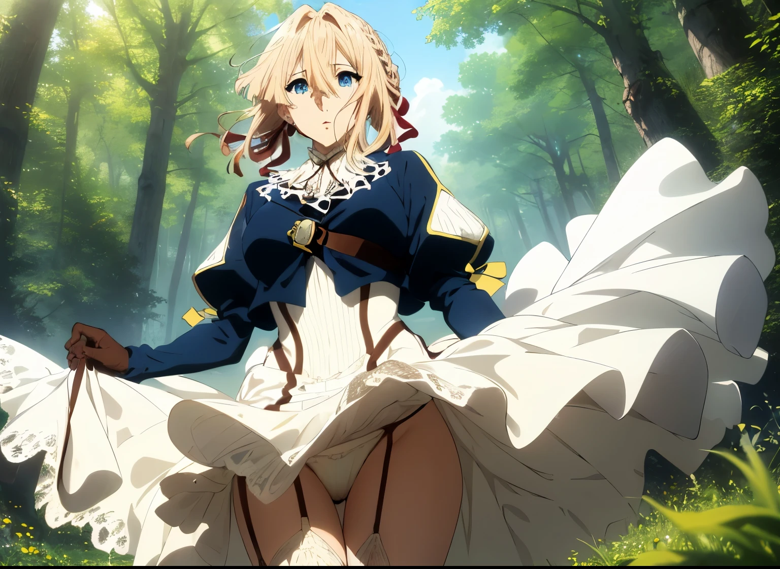 Nsfw,masterpiece,ultra detailed eyes, glowing ,highest detailed face,highest detailed skin,highest detailed hair, Kyoto animation,highest quality, High resolution, anime coloring,violet evergarden, (((Braid, hair ribbon, red ribbon, jewelry, white ascot, brooch, blue jacket, long sleeve, brown gloves, white dress))), long dress, in the forest,(((white lace panties,lift skirt))),white pantyhose,