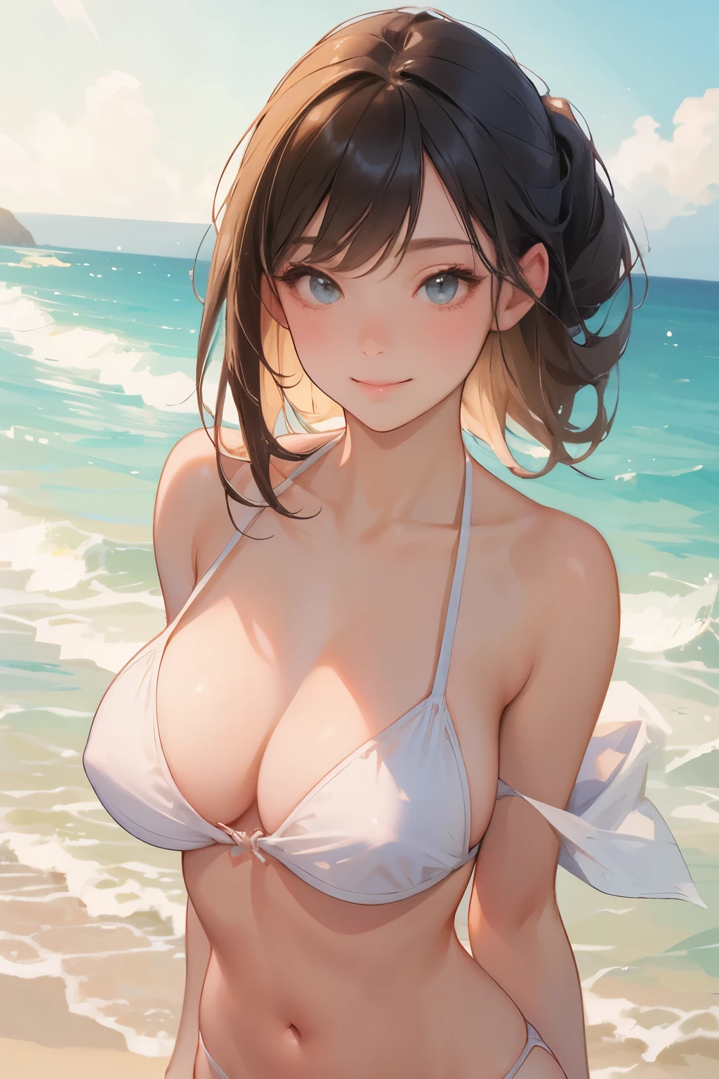 (masterpiece), (best quality), high resolution, 4K, 1girl, beautiful girl, smile, swimsuit, sexy, beach, sunny day, windy