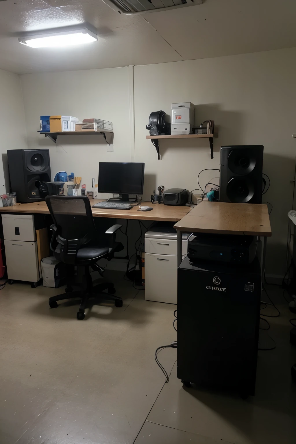 ((best quality)), ((masterpiece)), (detailed), A garage, which is like a lab, has two ultrawide monitors, two computer cases, and two chairs in front. Behind them is a table full of electronics for assembly. The wall of this garage is dark, but the space of the garage is minimal even though it is dark.