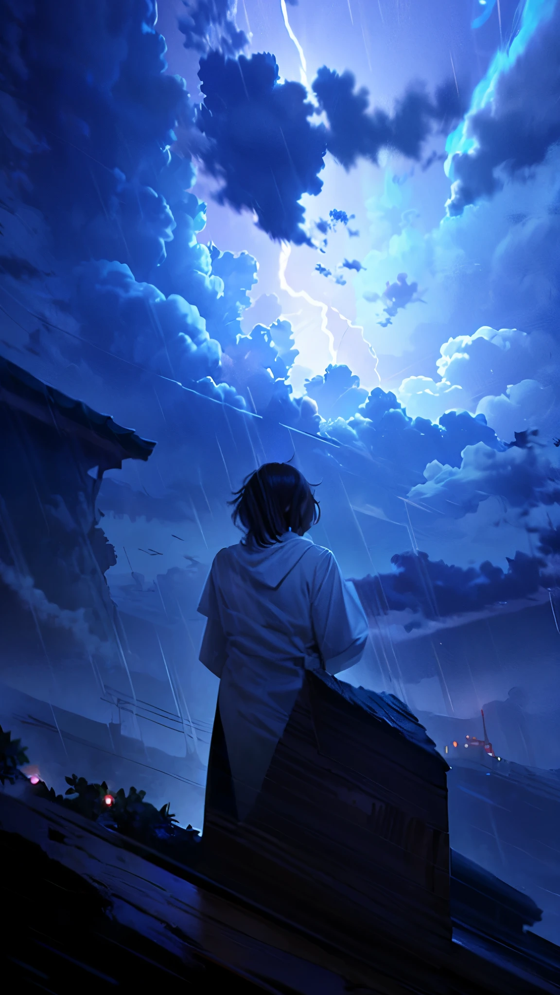 masterpiece、Background with((Fantastic Great Storm、Thunder plural、very heavy rain、dark))、Depth((Near Future City))、Looking up