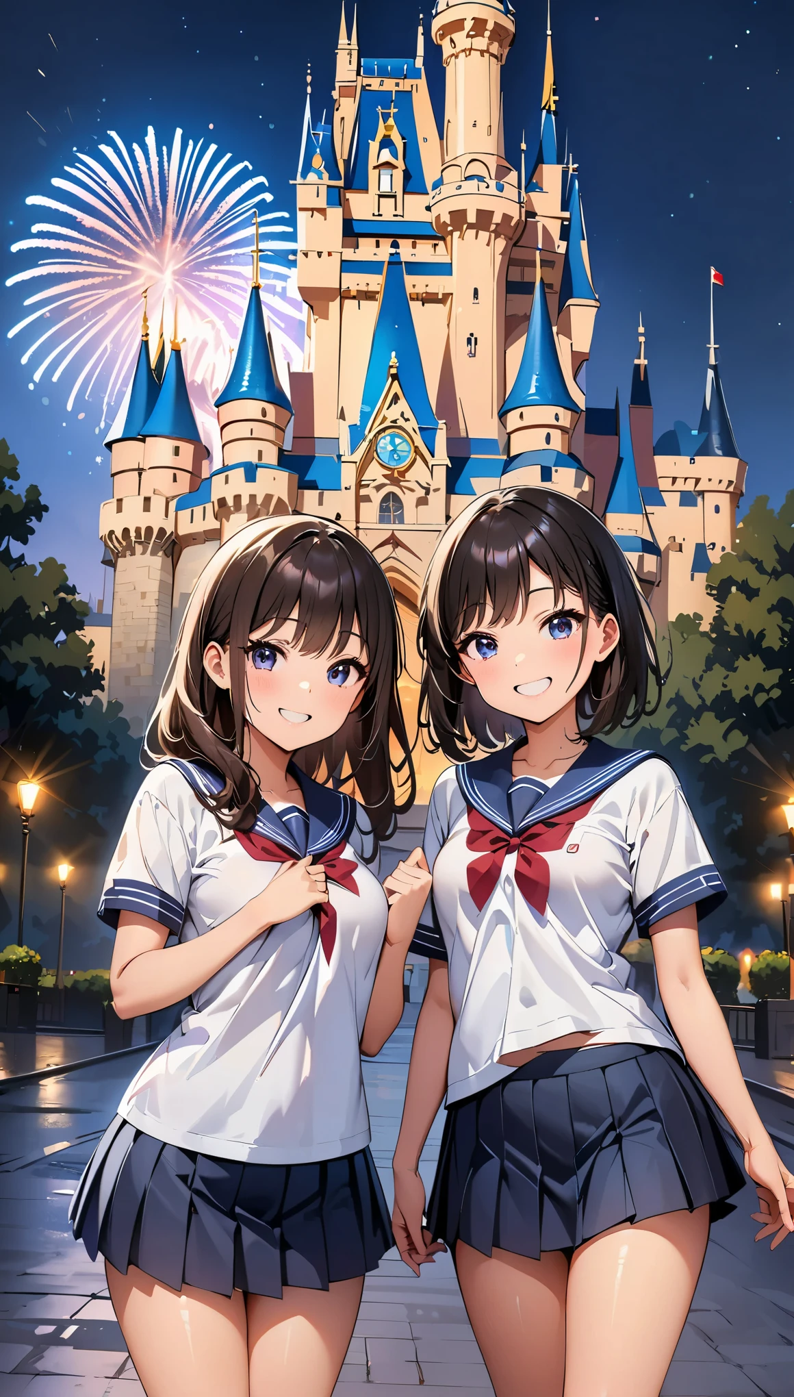 (highest quality, 4k, 8k, High resolution, masterpiece:1.2), Super detailed, anime style:1.2, (Theme park scenery), two women, (, , blue pleated skirt, mini skirt), Photographed in front of the castle, ((A bursting smile, Let’s jump together!!)), night time, Large fireworks, professional lighting, photon mapping, Physically based rendering, shiny skin, (perfect fingers, five fingers, anatomically correct), background bokeh, 135㎜, f/2.8, photo shoot,