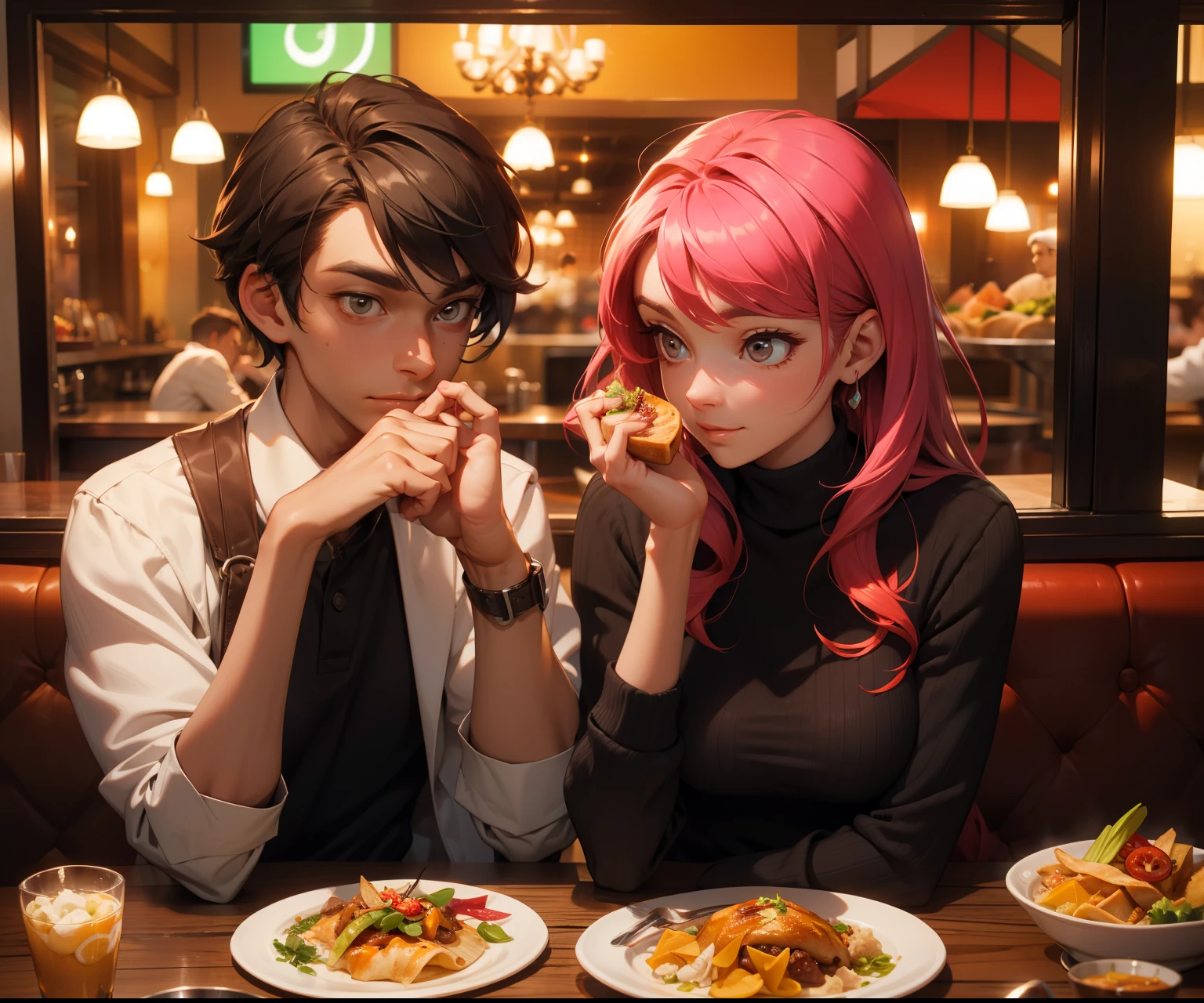 HD, 4k, una pareja disfrutando la comida en un restaurante lujoso mientras ven hacia al frente