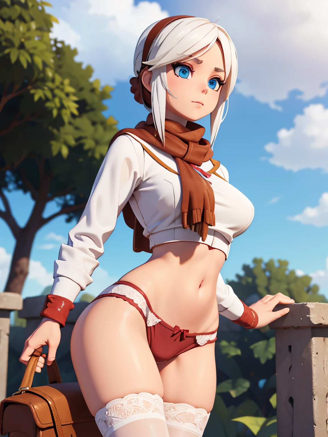 3d,blue eyes,doll joints,highleg,highleg panties,large breasts,looking at viewer,midriff,panties,scarf,shiny skin,white hair