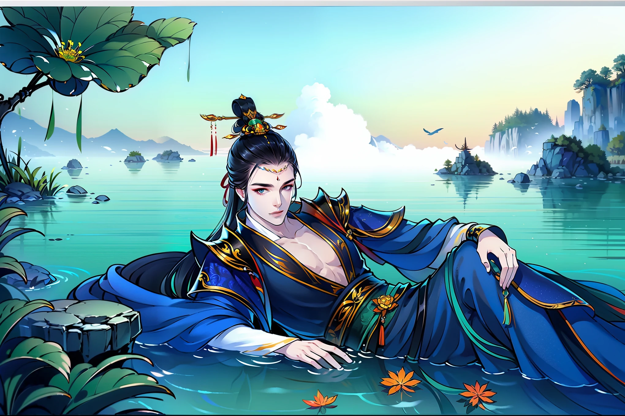 （masterpiece，super detailed，high清详情，high度细致的艺术）1 man lying in the water，Fog surrounds，Close-up foggy，alone，long hair，hot spring water，water vapor，Show chest，dead leaves，Clear water，hanfu，Ripples in the water，来自东亚的high度详细的角色设计，Game character costume design，超high分辨率, sharp focus, epic work, masterpiece, (Very detailed CG unified 8k wallpaper)，Handsome face，Sharp eyes，high