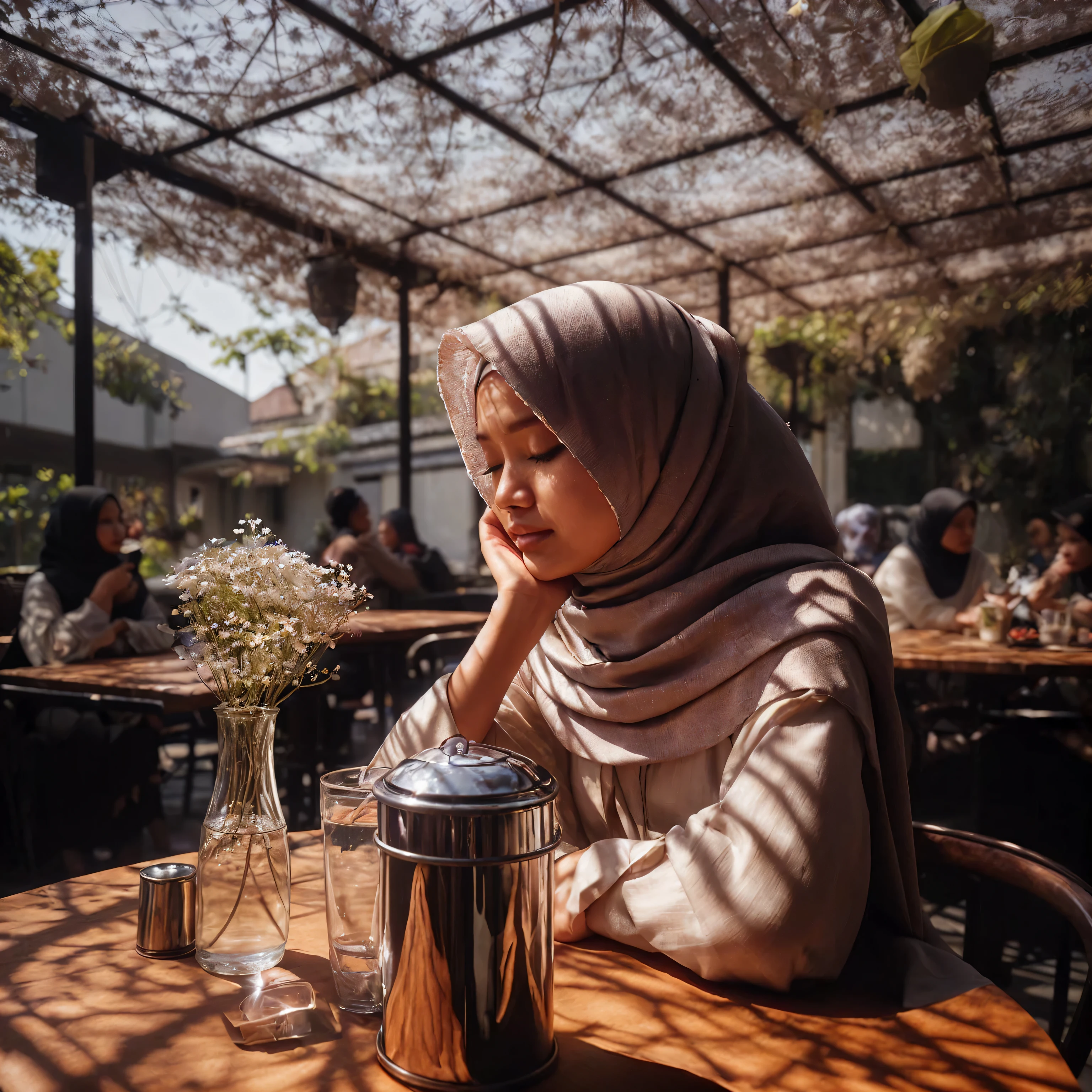 indonesian woman sitting at an outdoor cafe on a breezy spring day,wearing hijab.Bright sunlight streams between the canopy's delicate vines, casting wavering shadows on the woman's face.On the table,sunlight glints off the polished metal napkin holder and glass vase holding a few flowers.The woman closes her eyes for a moment,enjoying the murmur of conversation around her and the light breeze ruffling her hair, sharp focus,