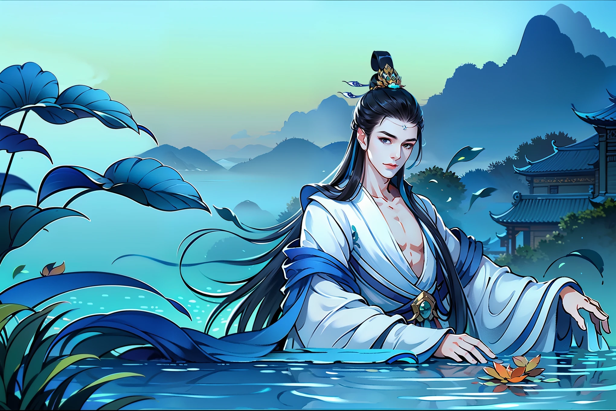 (masterpiece,super detailed,high清详情,high度细致的艺术)1 man lying in the water,Fog surrounds,Close-up foggy,alone,long hair,hot spring water,water vapor,Show chest,dead leaves,Clear water,hanfu,Ripples in the water,来自东亚的high度详细的角色设计,Game character costume design,超high分辨率, sharp focus, epic work, masterpiece, (Very detailed CG unified 8k wallpaper),Handsome face,Sharp eyes,high