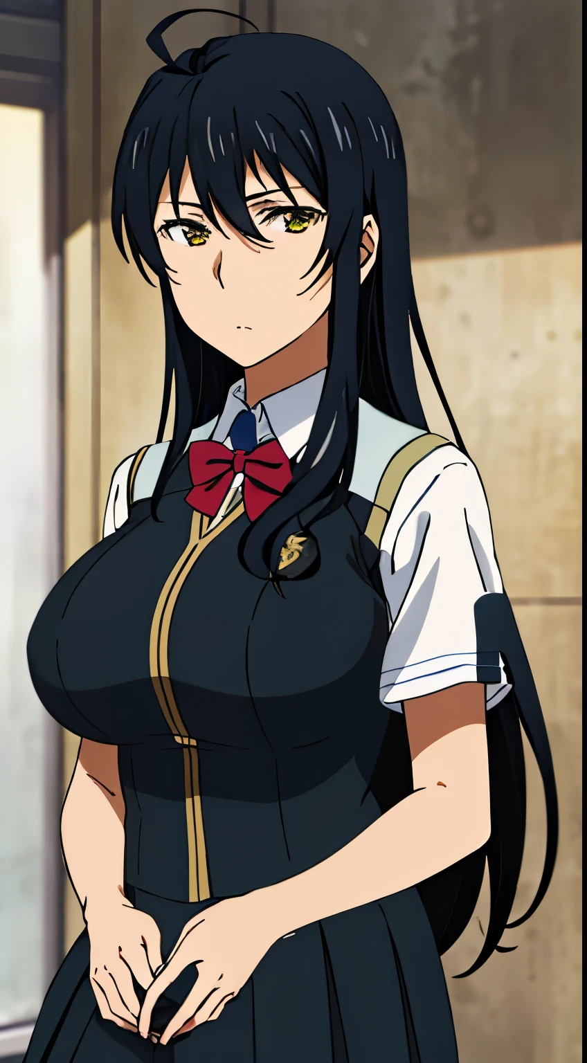 and,1 girl, 一with people, portrait, (big breasts), No expression, long hair, Ahoge, ((school uniform)), perfect quality, good quality, masterpiece, HDR, UHD,looking at the viewer, in the center of the image,Show up to your knees,１with people,