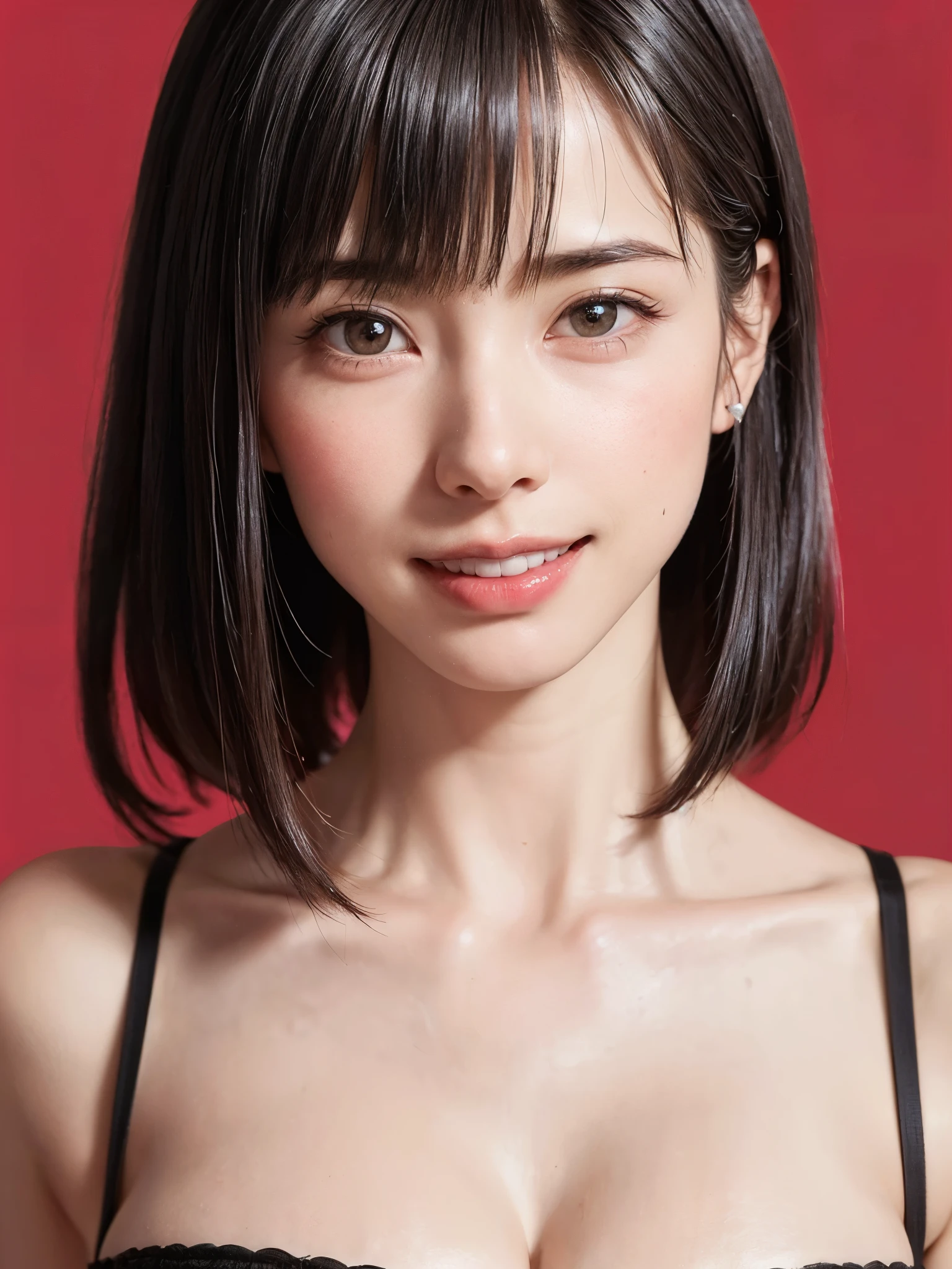 (table top, highest quality、ultra high resolution、face focus focus、focus on the sides、navel focus、decolletage focus、very attractive beauty、Add intense highlights to your eyes、look closely at the camera:1.4、Absolutely beautiful bangs:1.4、Brunette short bob hair with bangs:1.4),1 girl, Report, black haired, realistic, looking at the viewer, pale black eyes, short hair, lips, lip gloss, Upper body、Big eyes、eyelash)、((italian natural background、hyper real stick:1.4))、((short hair with bangs:1.4、Beautiful bangs with 46 points:1.4、{Huge|big|Hugeな|mega} chest:2, cleavage:2、Big eyes、Give students very powerful highlights、very bigger chest、look at the audience、very beautiful beauty、show me your ears、beautiful long neck、beautiful decollete、smile、A smilee beautiful teeth、Open your mouth and smilee))、28 years old、very cute super model、perfect anatomy
