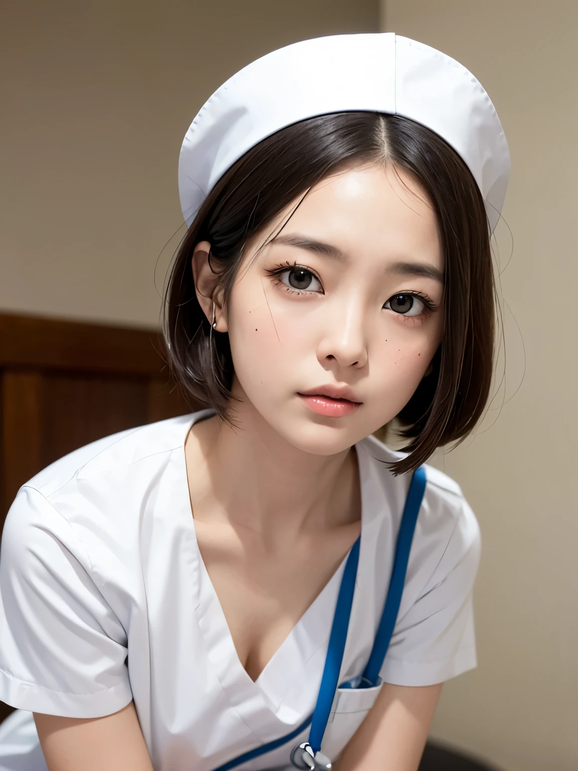 (masterpiece:1.3)、Super detailed finish、(High resolution、8k:1.3)、(highest quality)、(Super realistic like a photo:1.3)、professional portrait、professional writing、correct limbs、anatomically correct, perfect proportions、The face is in focus、close up on face:1.1、ultra high definition face、Face is in focus、Ultra high definition and beautiful eyes、(focused eyes、eyes that are not too big、Eyes are symmetrical:1.3)、High-definition and beautiful skin、firm skin、Ultra high definition hair texture、japanese woman、20 years old、very cute, half updo:1.3, nurse、nurse break (White nursing uniform、white nurse uniform:1.3),on the hospital bed、 (embarrassed:1.3), (blush:1.3), (Strange look:1.3), Mr.々shooting angle:1.3, looking at viewer, nsfw, (shy pose:1.3)、Awkward pose、I have my mouth slightly open、medium breast