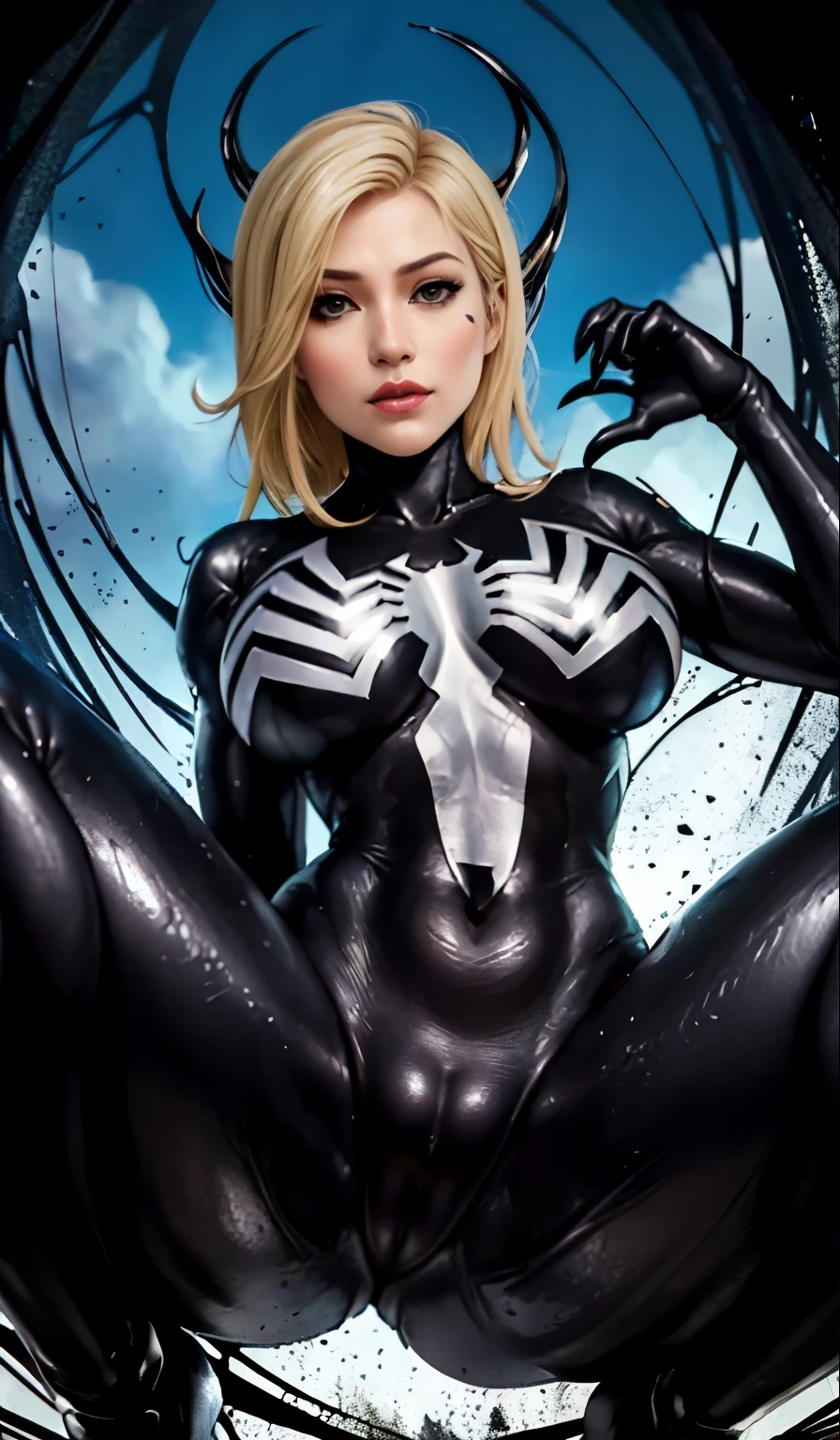 4K,realisticlying,Glamorous,The very detailed,There a girl in Dingcheng,Blonde hair,Wearing a black Spider-Man costume,(Black and white:1.4) the night,symbiote,venomize,a large amount of mucus,she a spiderman,Black superhero theme,In front of the sky,Flushed complexion,( Open legs, camel-toe,, Vulvar shape:1.3),(GGCameltoe:1.3)Legs apart,25 age old,full bodyesbian
