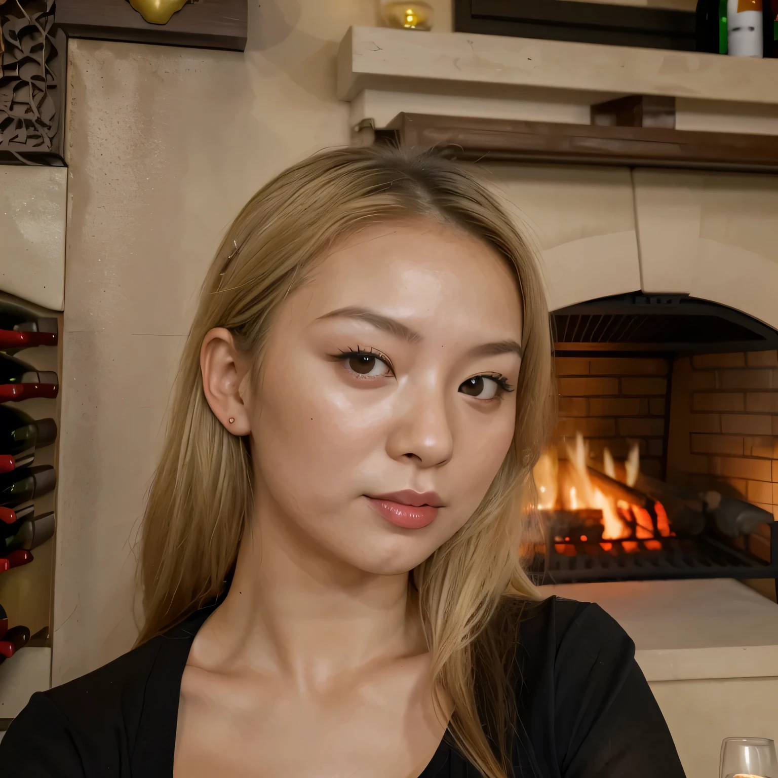 European woman with little Asian blood, sitting in front of fireplace and a wine rack