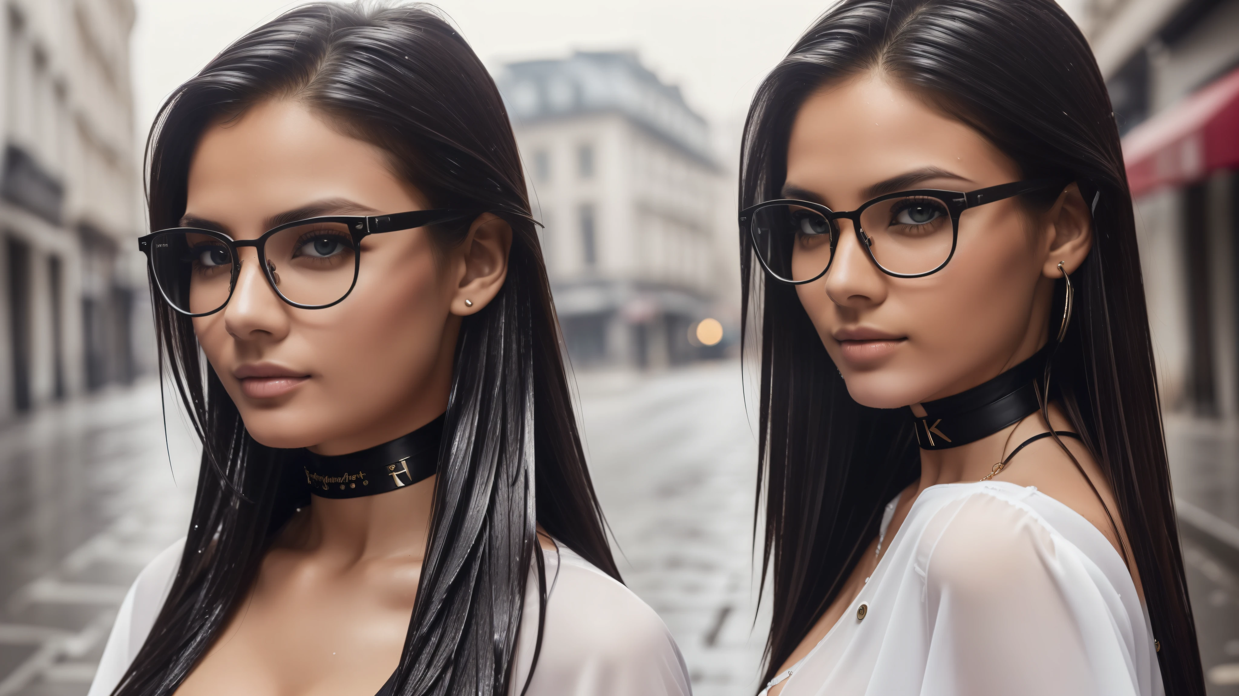 ((best qualtiy, 8k, tmasterpiece:1.3)), sharp:1.2, (full body1.2)perfect figure beautiful woman:1.4, Slim abs:1.2, ((Layered Hair Style, huge tit:1.3)), (Long shirt with wet white buttons:1.1),(Sateen,the street:1.2),Get wet:1.5,Highly detailed facial and skin texture,detailed eyes,double eyelid,Look sideways at the camera, sexy glasses, choker, photo by arny freytag