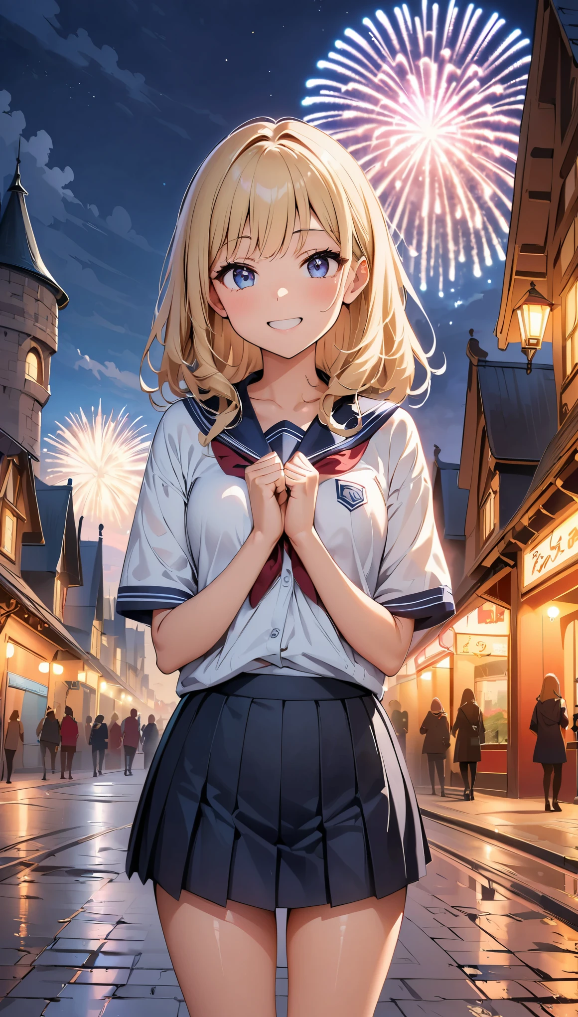 (highest quality, 4k, 8k, High resolution, masterpiece:1.2), Super detailed, anime style:1.2, (Theme park scenery), two women, (, , blue pleated skirt, mini skirt), Photographed in front of the castle, ((A bursting smile, raise your hands:1.2)), night time, Large fireworks, professional lighting, photon mapping, Physically based rendering, shiny skin, (perfect fingers, five fingers, anatomically correct), background bokeh, 135㎜, f/2.8, photo shoot,