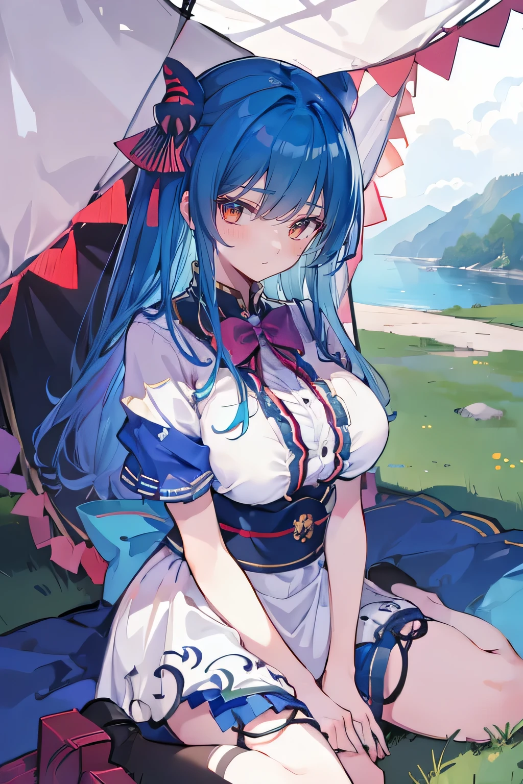 (masterpiece),best quality, expressive eyes, perfect face,sit, sit on ground, legs on the ground, 1girl,
big breasts, H cup, Good breasts, Put your hands on your waist,Fair, Gorgeous,japanese manga,girl,Laura,young angel, blue hair, blue haired,tent , tent chest, tent breast, floating clothes