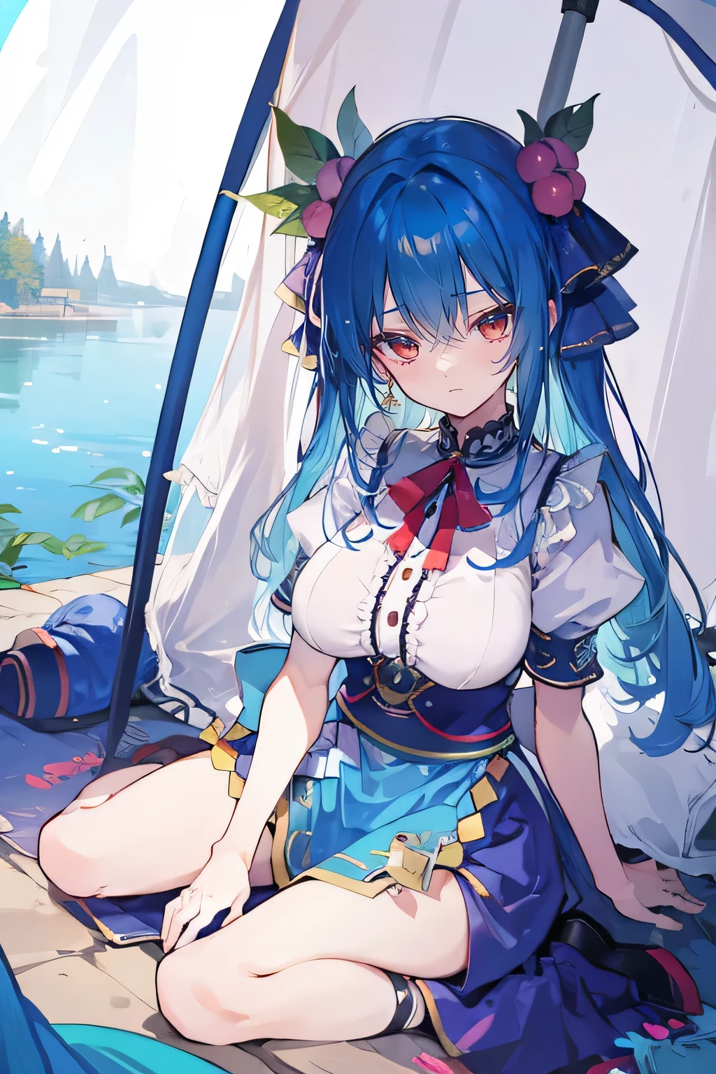 (masterpiece),best quality, expressive eyes, perfect face,sit, sit on ground, legs on the ground, 1girl,
big breasts, H cup, Good breasts, Put your hands on your waist,Fair, Gorgeous,japanese manga,girl,Laura,young angel, blue hair, blue haired,tent , tent chest, tent breast, floating clothes