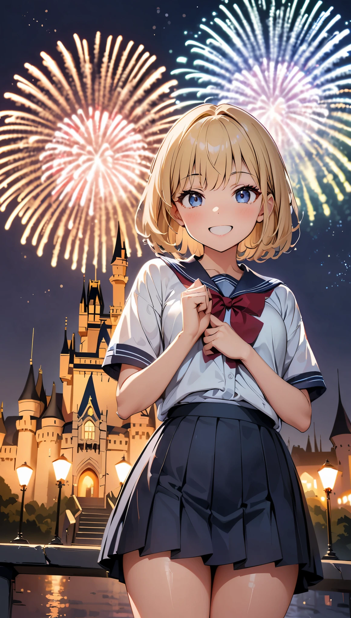 (highest quality, 4k, 8k, High resolution, masterpiece:1.2), Super detailed, anime style:1.2, (Theme park scenery), two women, (17 years old, , blue pleated skirt, mini skirt), Photographed in front of the castle, ((A bursting smile, Low angle shooting:1.2)), night time, Large fireworks, professional lighting, photon mapping, Physically based rendering, shiny skin, (perfect fingers, five fingers, anatomically correct), background bokeh, 135㎜, f/2.8, photo shoot,