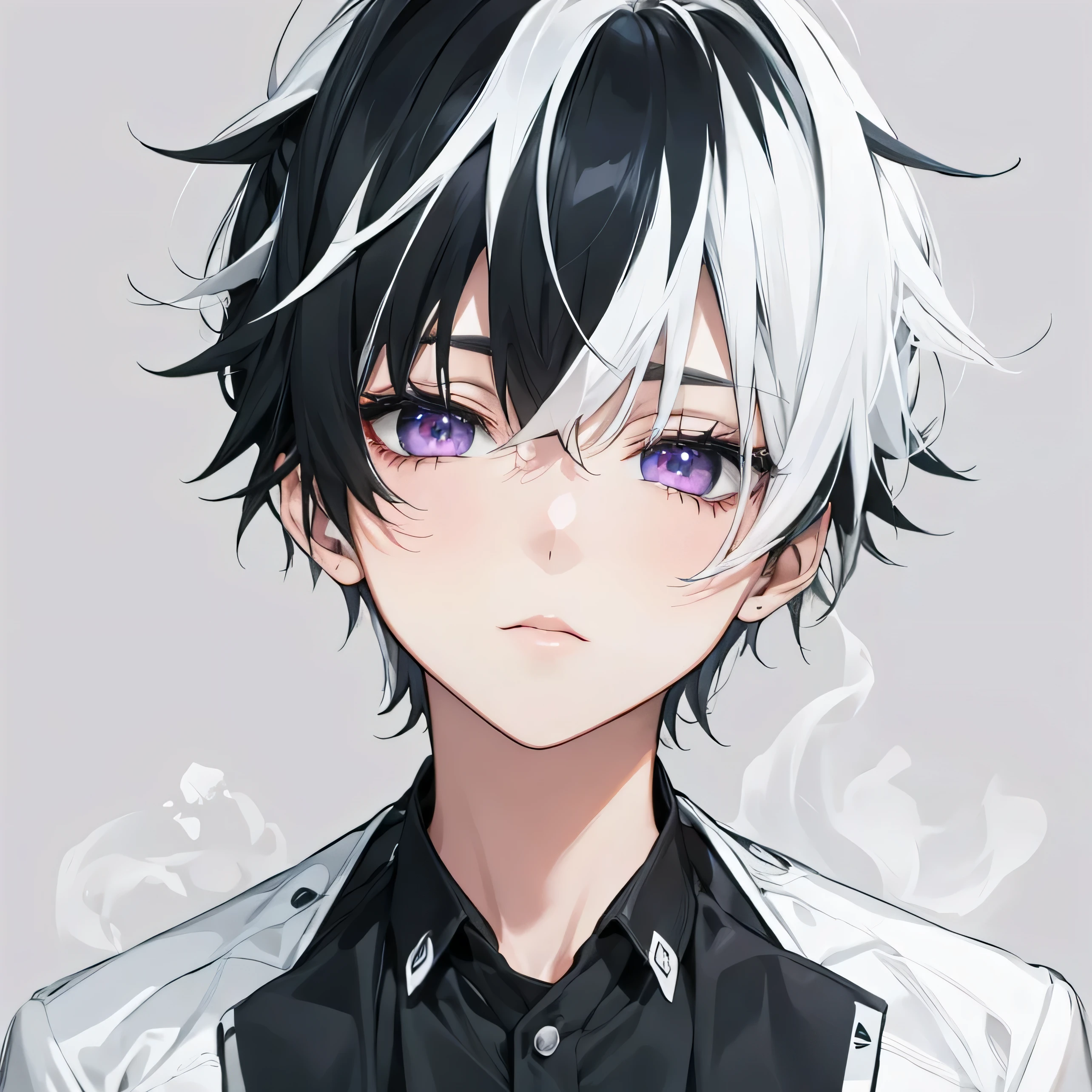 Ultra detailed beautiful eyes, purple eyes, mixed black and white hair, 20 year old, stoic.