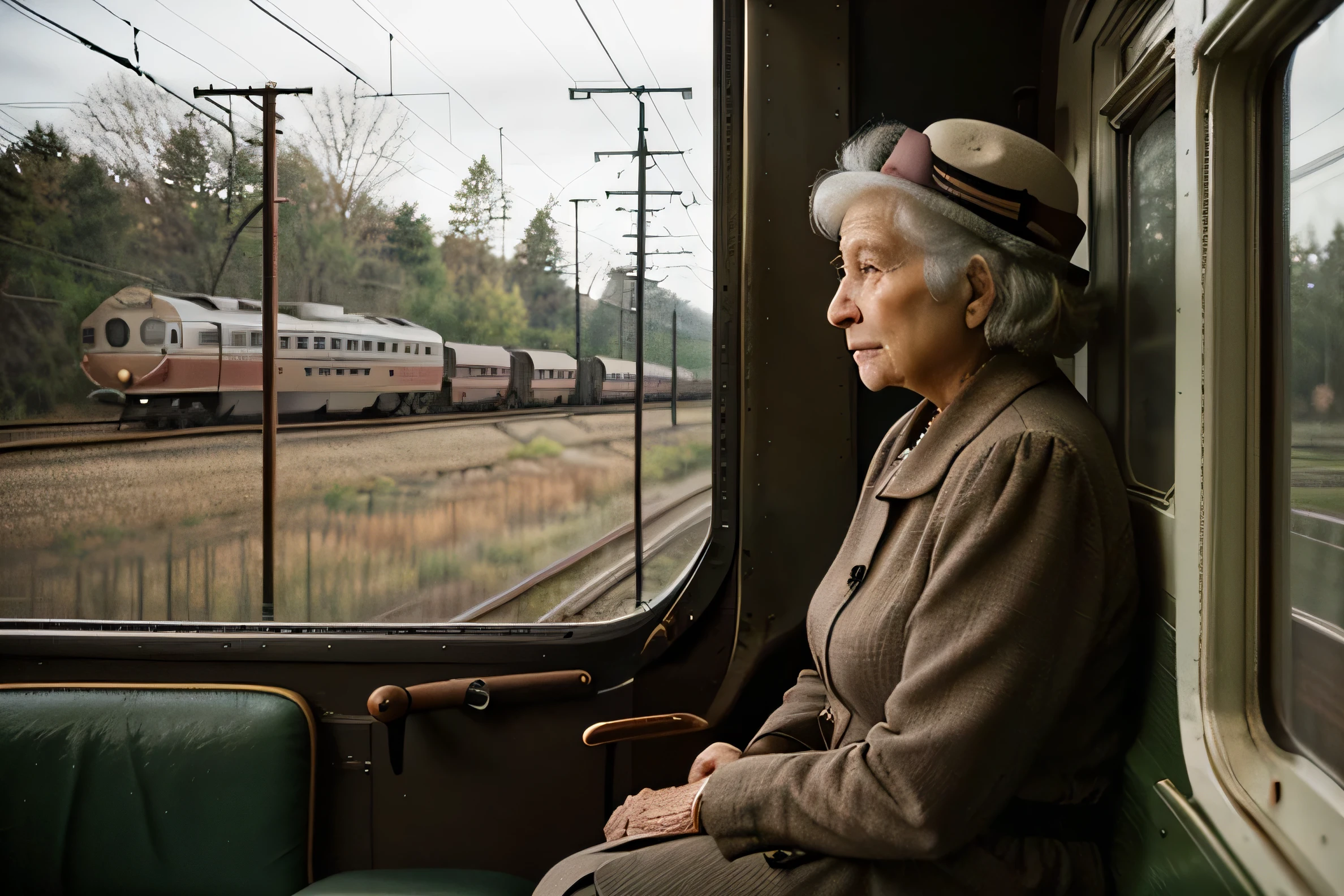 the exterior of a vintage railroad car with an old woman looking out the window