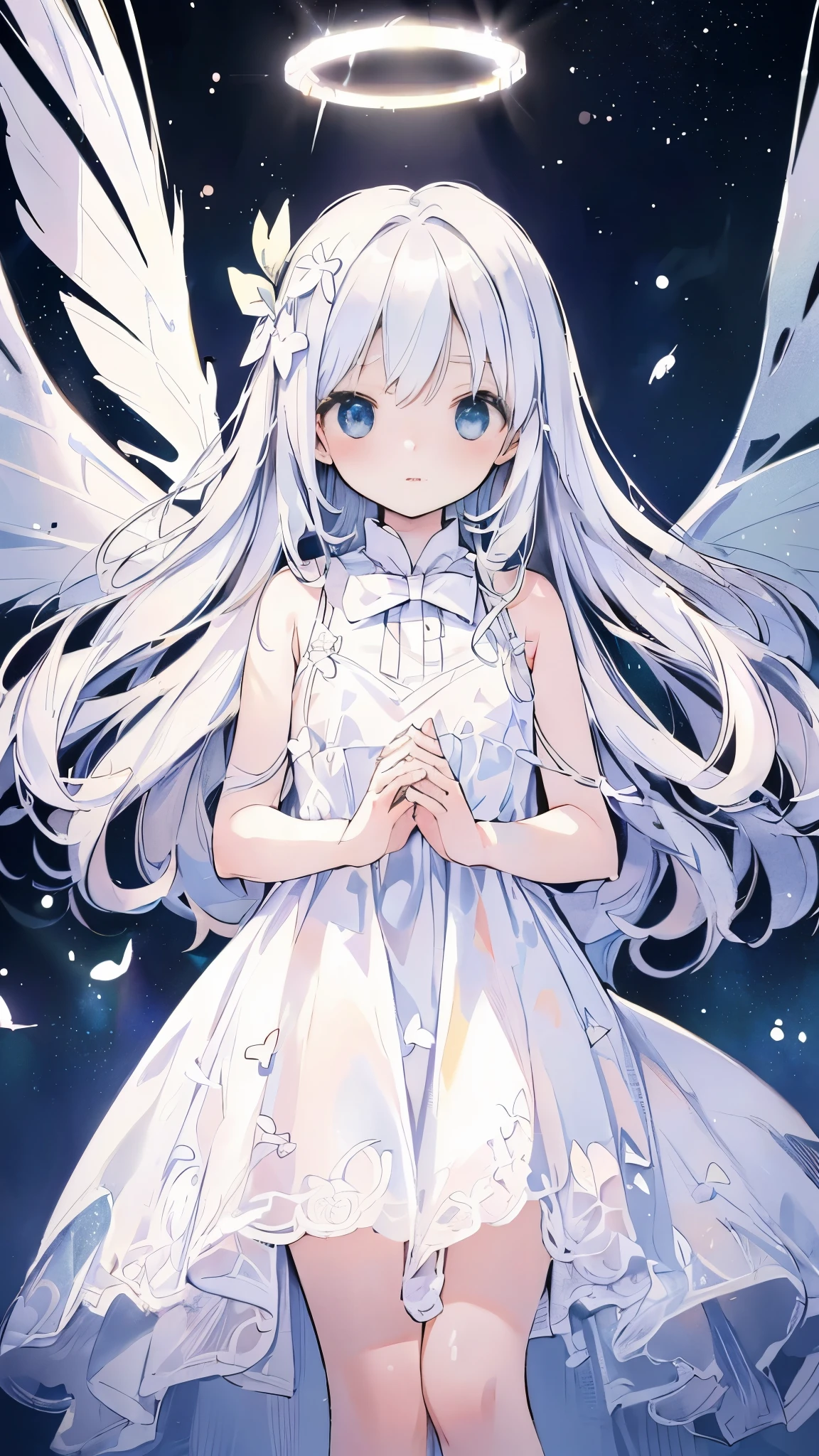 High resolution, (An illustration: 1.3), anime、((highest quality)), (Super detailed), (beautiful), ((heaven:1.3)), alone,(8-year-old:1.4)、cute face、(halo,white dress:1.4),white and transparent skin、(wings grow from the back,、white ribbon on head:1.3)、Shiny pale colorful silver long hair,Delighted face、(low position、from below:1.3)