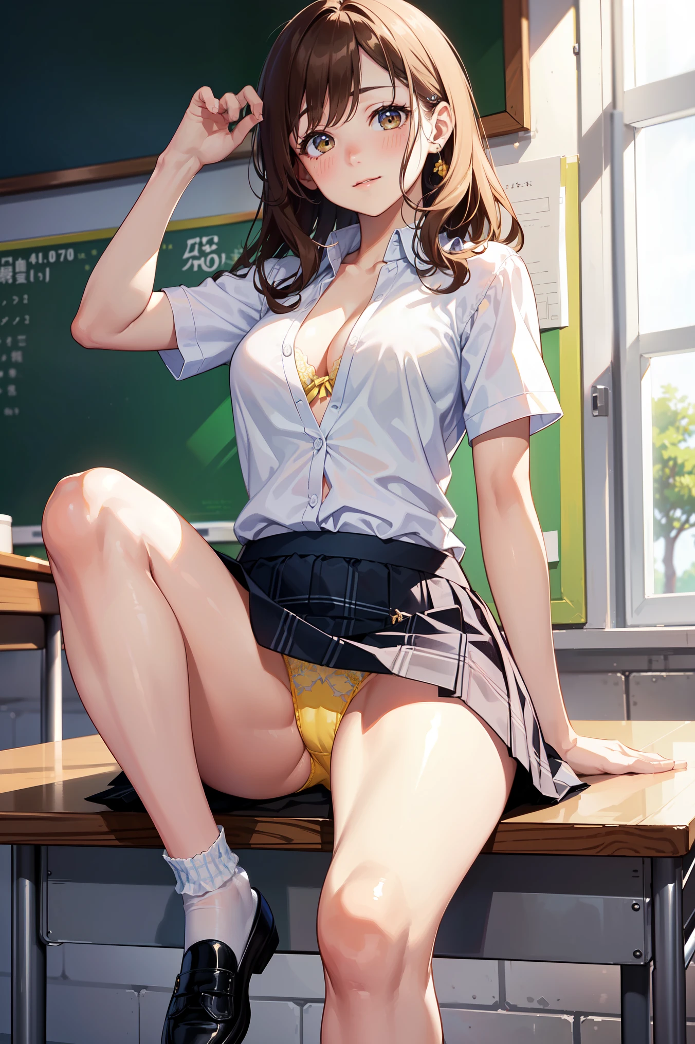 ((table top, highest quality, High resolution, nffsw, perfect pixel, 4k, nffsw, nffsw))), 1 girl, single, alone, beautiful woman、I could see the whole body、 ((wavy medium hair, bangs, brown hair)), ((brown eyes, beautiful eyelashes, realistic eyes)), ((detailed face, blush:1.2)), ((smooth texture:0.75, realistic texture:0.65, realistic:1.1, Anime CG style)), medium breasts, dynamic angle, perfect body, ((school uniform, white shirt, black skirt, unbuttoned shirt、plaid skirt、not wearing shoes、white socks)), classroom without people、sit at desk、lower'I took my foot off the desk......................................、evening、、、Very embarrassing panic smile、(lift the skirt with your right hand、open your legs、open your knees wide、Light blue and yellow floral lace panties)、、(cute floral bra)、angle from below