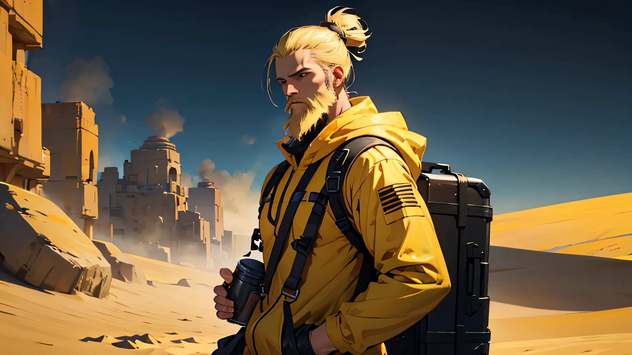wearing yellow clothes beard topknot like death stranding blonde You can carry large luggage with one vehicle.'A banana sticks out from my back luggage. night desert