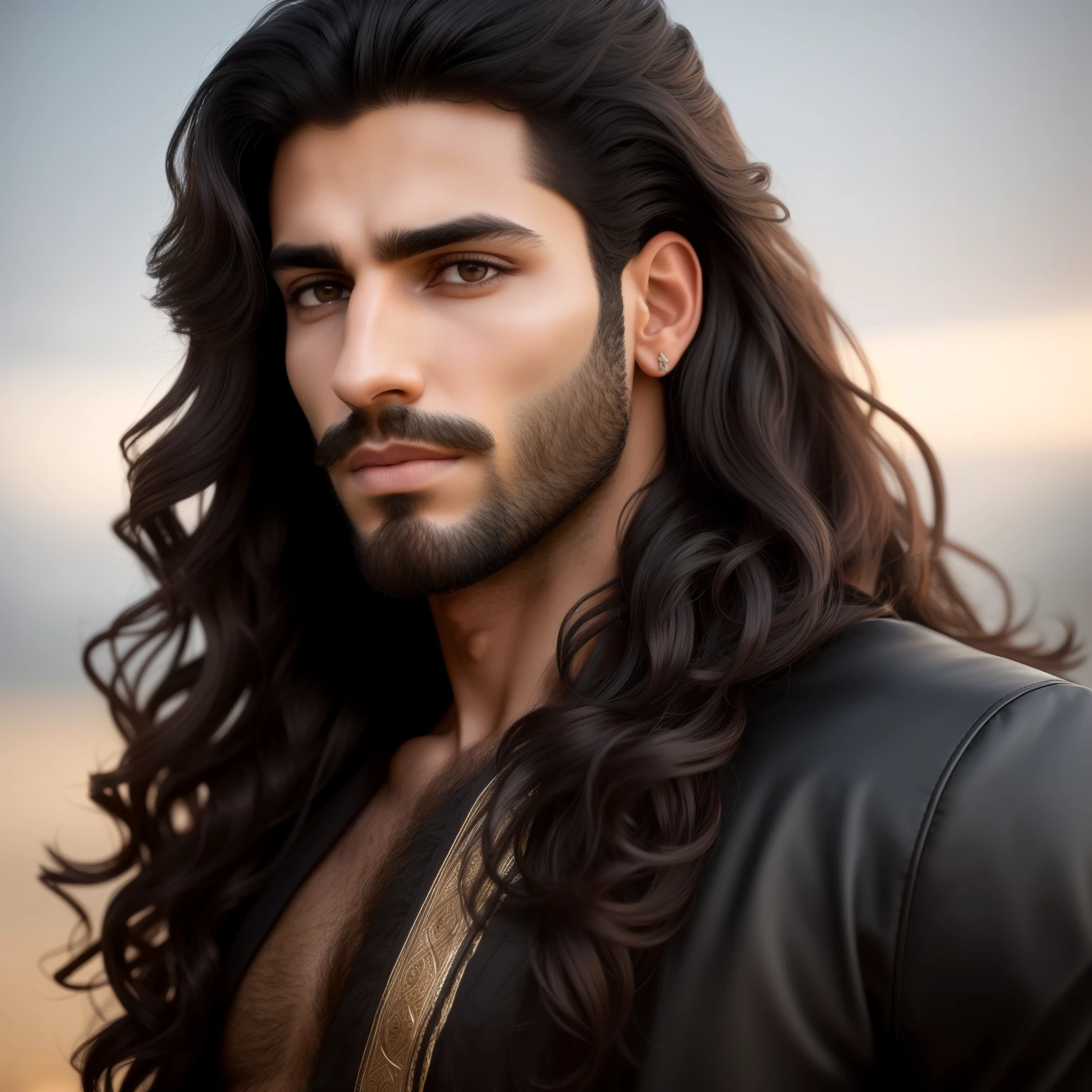 A beautiful Middle Eastern man, solo, 20th generation, (Extra long curly black hair), ((Detailed face:1.2)), ((detailed facial features)), finely detailed skin, tanned, ((Portrait)), ((Realistic:1.3), Super realistic, realism, photorealism), intricate beard, perfect anatomy, perfectly proportions, Hyper Sharp Image, (Attractive emotions, Serene expression:1.2), (Manly hands, Large hands:1.1), Wind, Ultra-detailed, Sharp Focus, professional photography, cinematic lighting, dramatic lighting, RAW photo, captivating gaze, fierce eyes, (ma