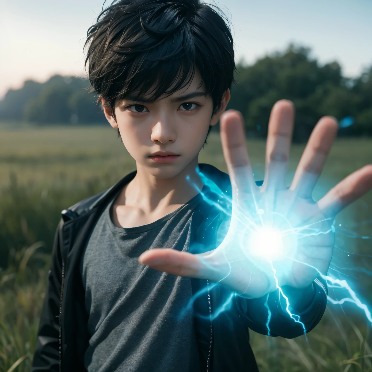 A handsome twelve-year-old boy with black hair, an angry expression, and one hand thrust forward into the air, creating a pale blue glowing magical light bullet in his palm, standing in a grassland area.