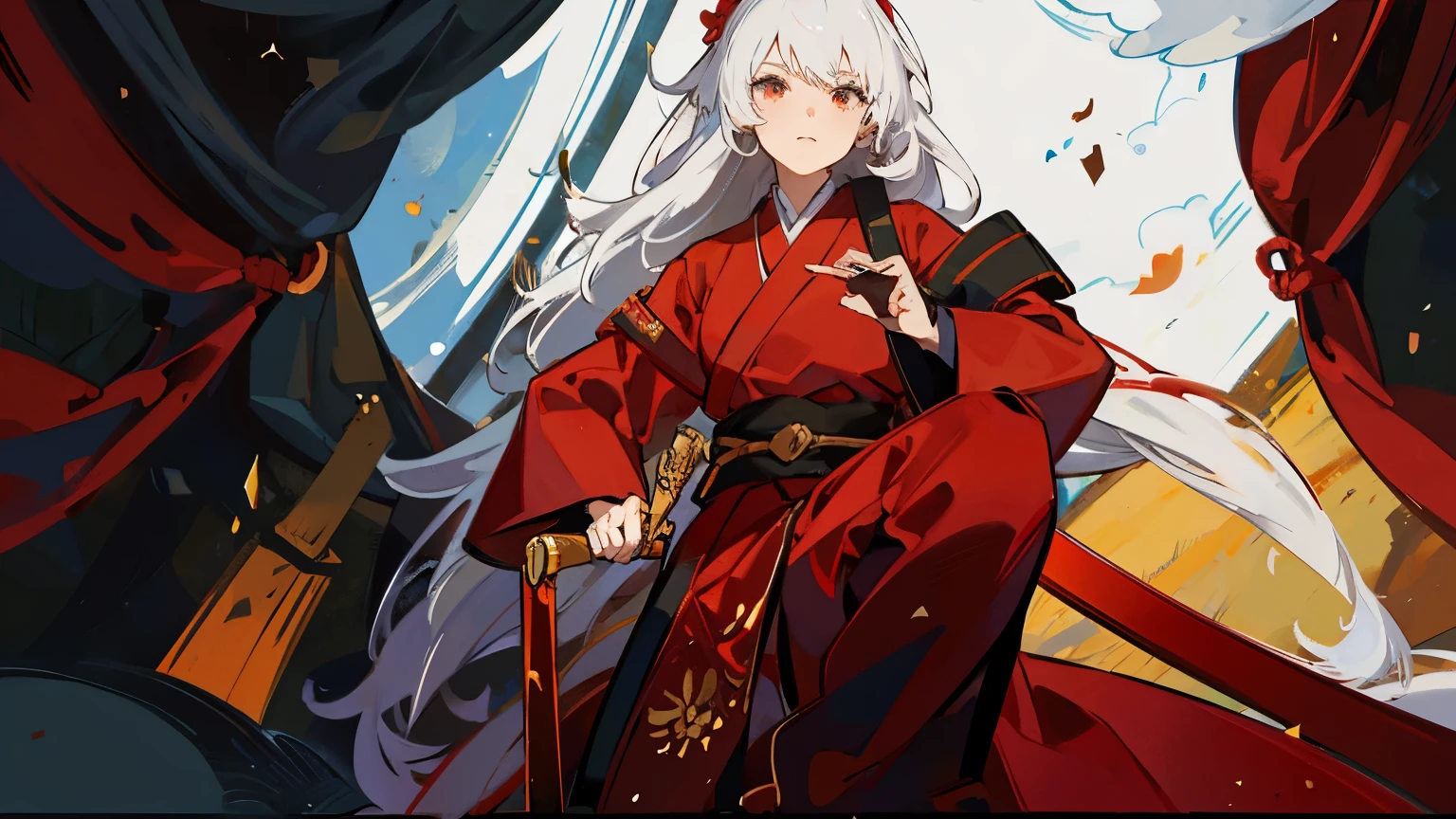 Close-up of a handsome martial arts girl wearing red Hanfu,white hair,Holding a long sword,Standing on the top of the mountain,Behind the clouds and mist,Sunshine,Girl solo,Look serious,Eyes of contempt,high quality