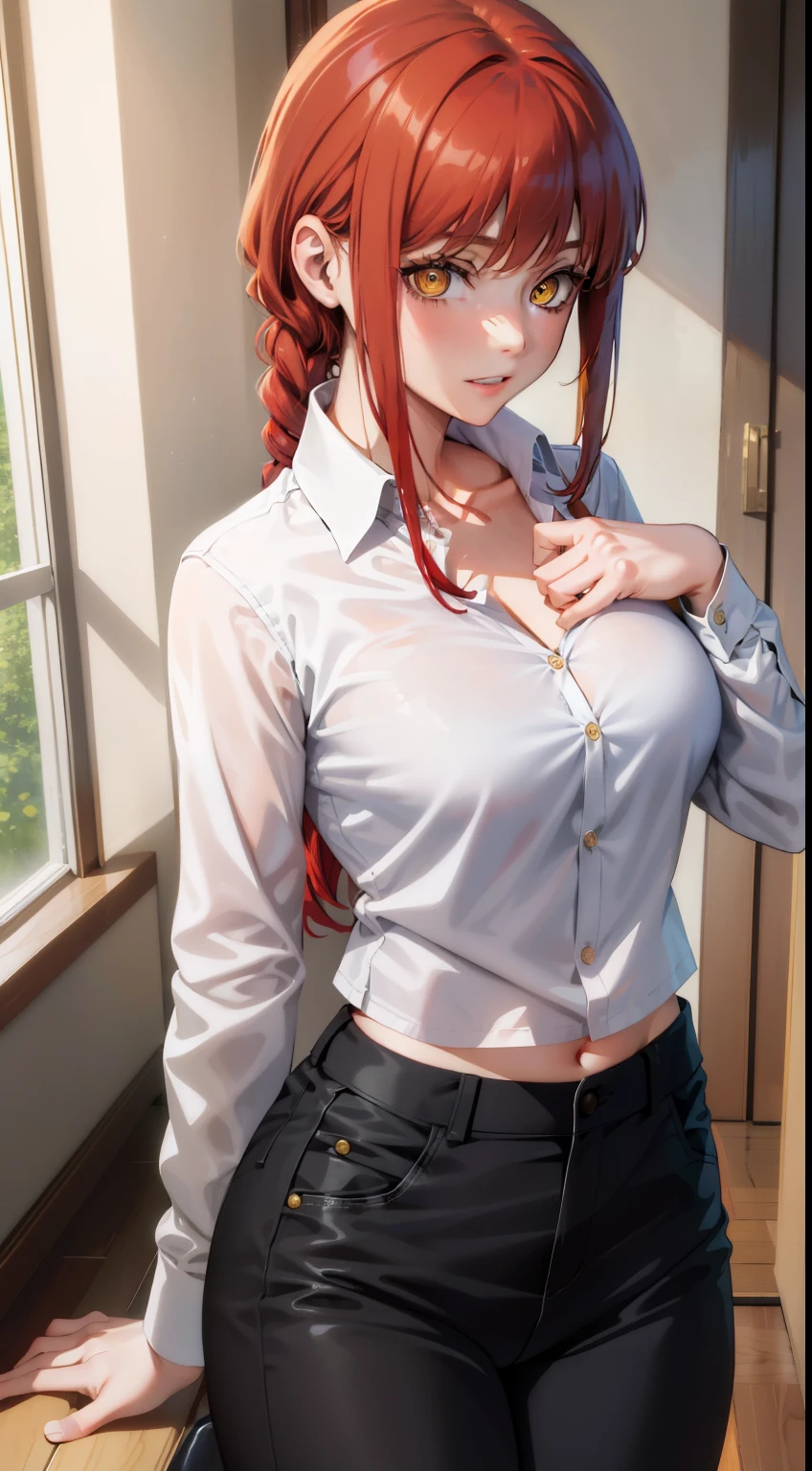 (masterpiece, best quality:1.2), solo, 1girl, red hair, yellow eyes, makima,, unbuttoned shirt with collar, on the chest, a lot of, black unbuttoned pants, wide hips,