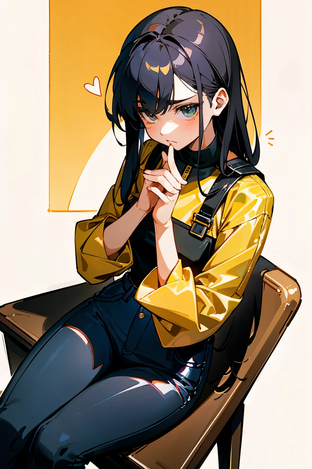 In the heart of an industrial urban setting, a terminator girl takes a seat in front of a majestic black and gold brick wall. Her yellow blouse contrasts sharply against the rough textures of the wall, its fabric smooth and unyielding like an enigma. The girl's black jeans complete her edgy, yet somewhat feminine appearance.

With a pensive expression, she forms a heart shape below her name with her delicate, slender fingers. The tender gesture contrasts strikingly with her otherwise cold and steely demeanor. The scene is further enhanced by a semi-transparent, fragile rice paper effect that gracefully overlays the image.

The rice paper, with its