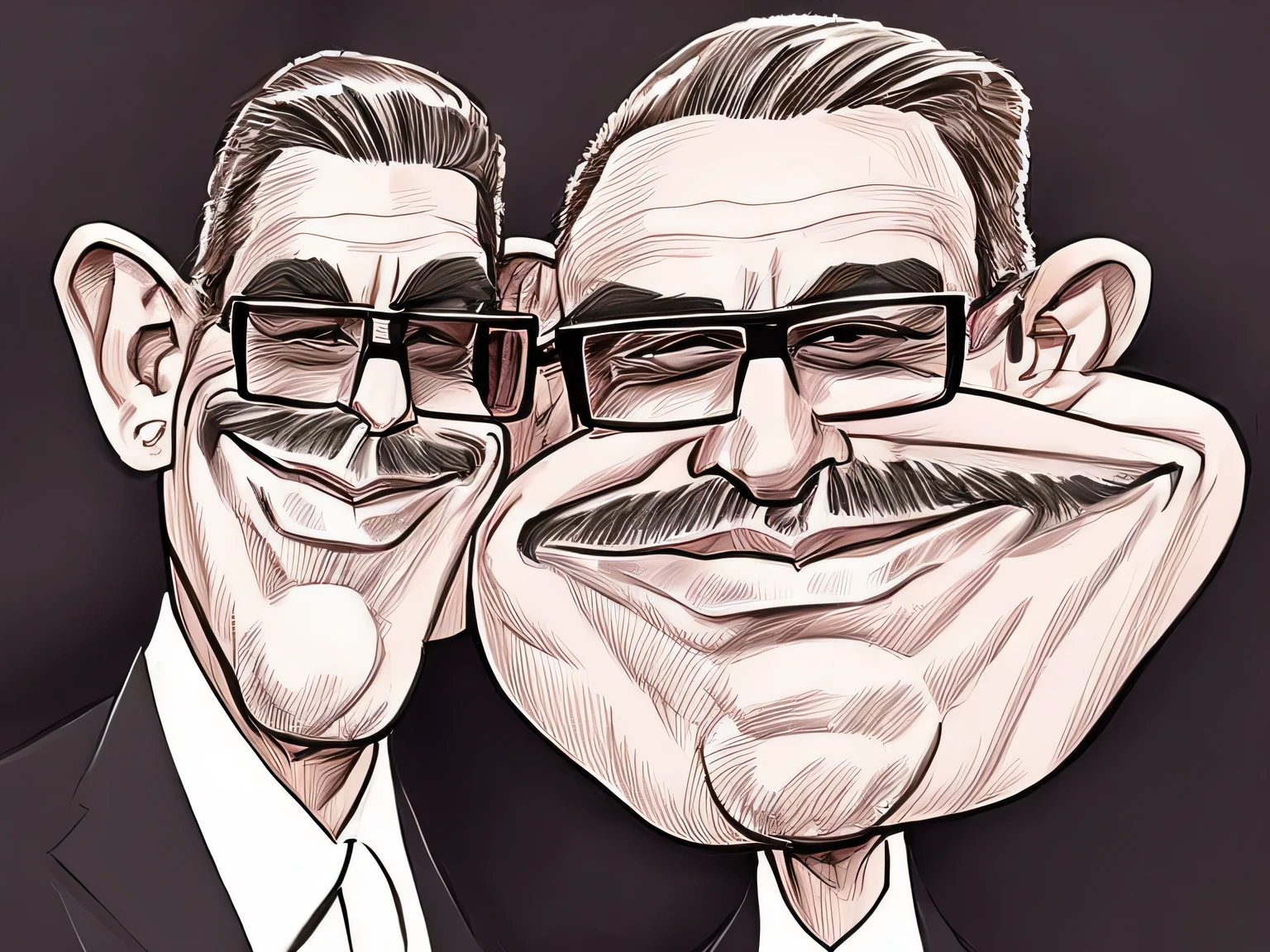 pcrc style headshot, digital art, a sketch two men posing for a selfie, wearing prescription glasses, big smiles, big noses, square faces