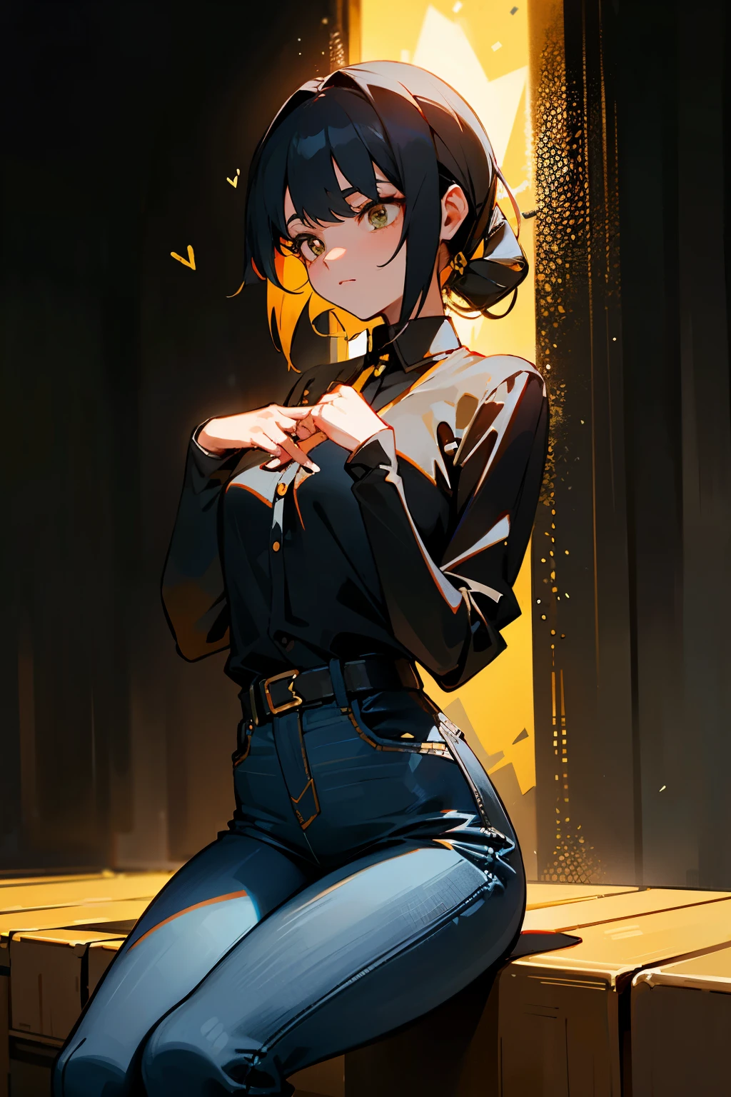 In the heart of an industrial urban setting, a terminator girl takes a seat in front of a majestic black and gold brick wall. Her yellow blouse contrasts sharply against the rough textures of the wall, its fabric smooth and unyielding like an enigma. The girl's black jeans complete her edgy, yet somewhat feminine appearance.
With a pensive expression, she forms a heart shape below her name with her delicate, slender fingers. The tender gesture contrasts strikingly with her otherwise cold and steely demeanor. The scene is further enhanced by a semi-transparent, fragile rice paper effect that gracefully overlays the image.
The rice paper, with its