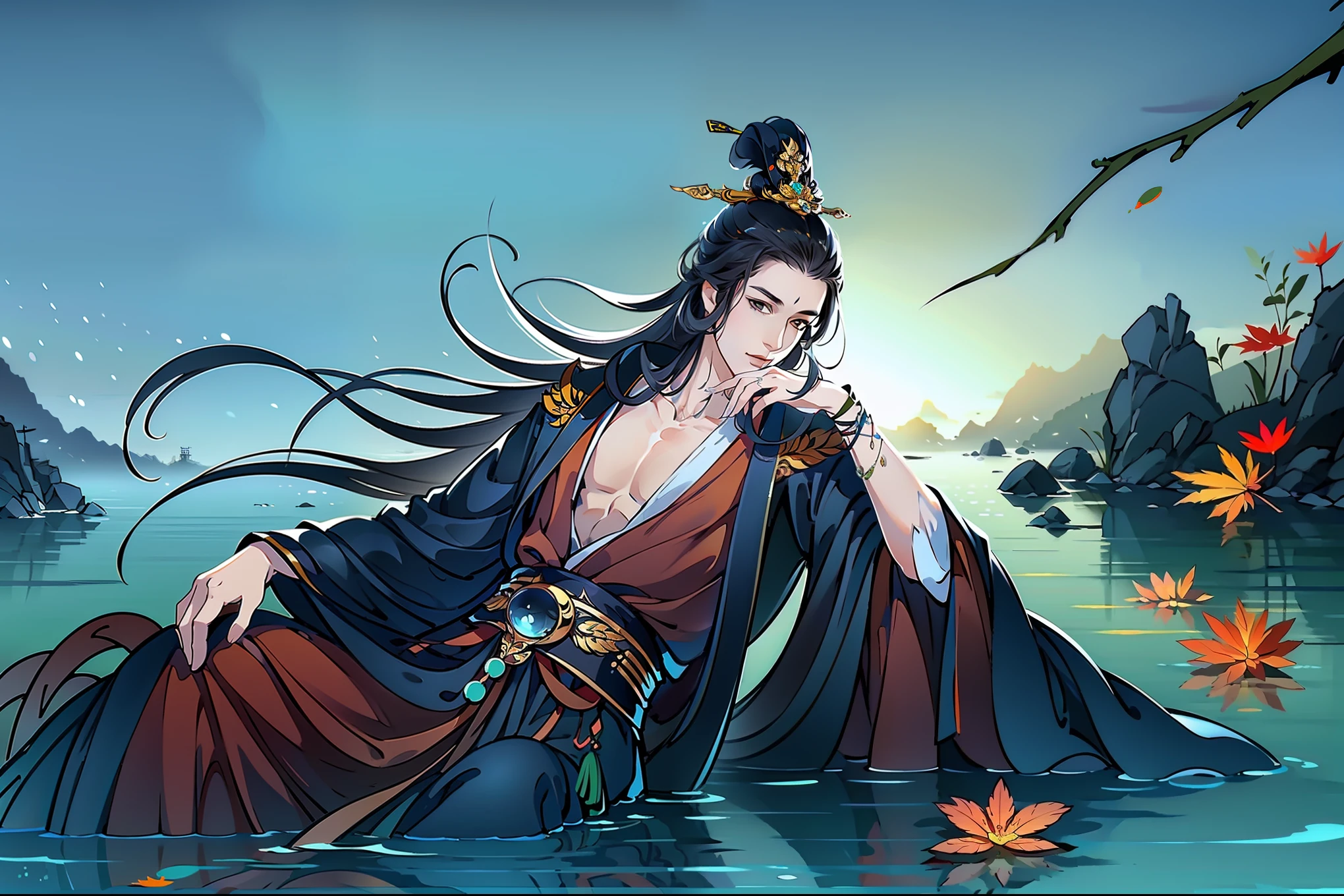 (masterpiece,super detailed,high清详情,high度细致的艺术)1 man lying in the water,Fog surrounds,Close-up foggy,alone,long hair,hot spring water,water vapor,Show chest,dead leaves,Clear water,hanfu,Ripples in the water,来自东亚的high度详细的角色设计,Game character costume design,超high分辨率, sharp focus, epic work, masterpiece, (Very detailed CG unified 8k wallpaper),Handsome face,Sharp eyes,high