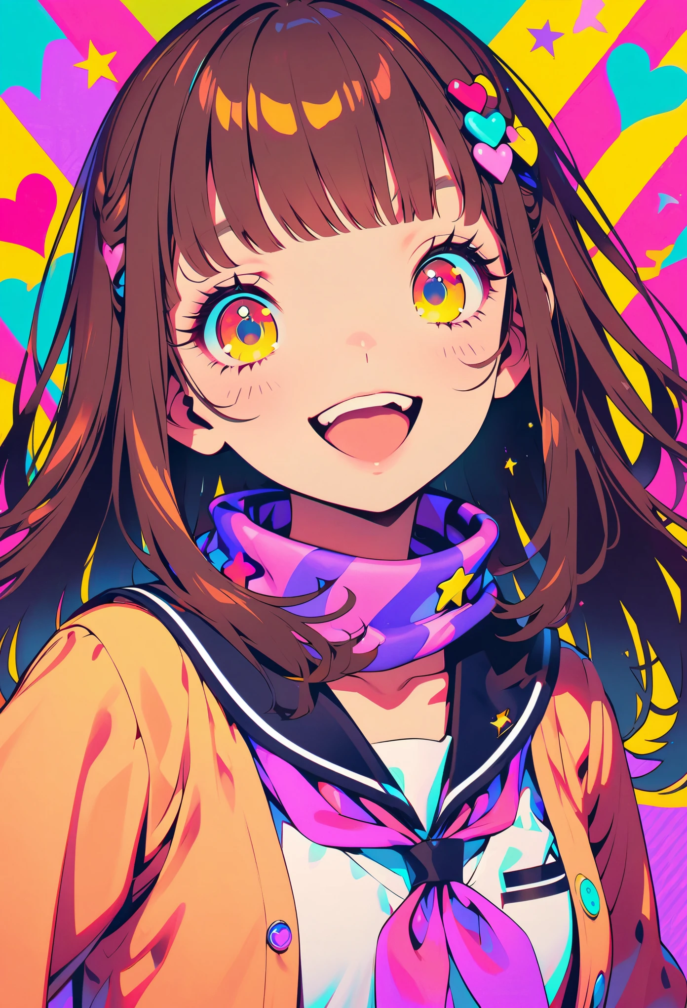 Style 11, 1 girl, alone, brown hair, Heart, hair accessories, Uniforms, Side Mao Insult, Smile, looking at the audience, scarf, Upper body, Heart hair accessories, cardigan, sailor collar, Sefuku, black sailor collar, Bangs, yellow eyes, Keep your mouth shut, long hair, brown eyes, purple scarf, striped background, clavicle, striped, polka dot, Star (symbol)