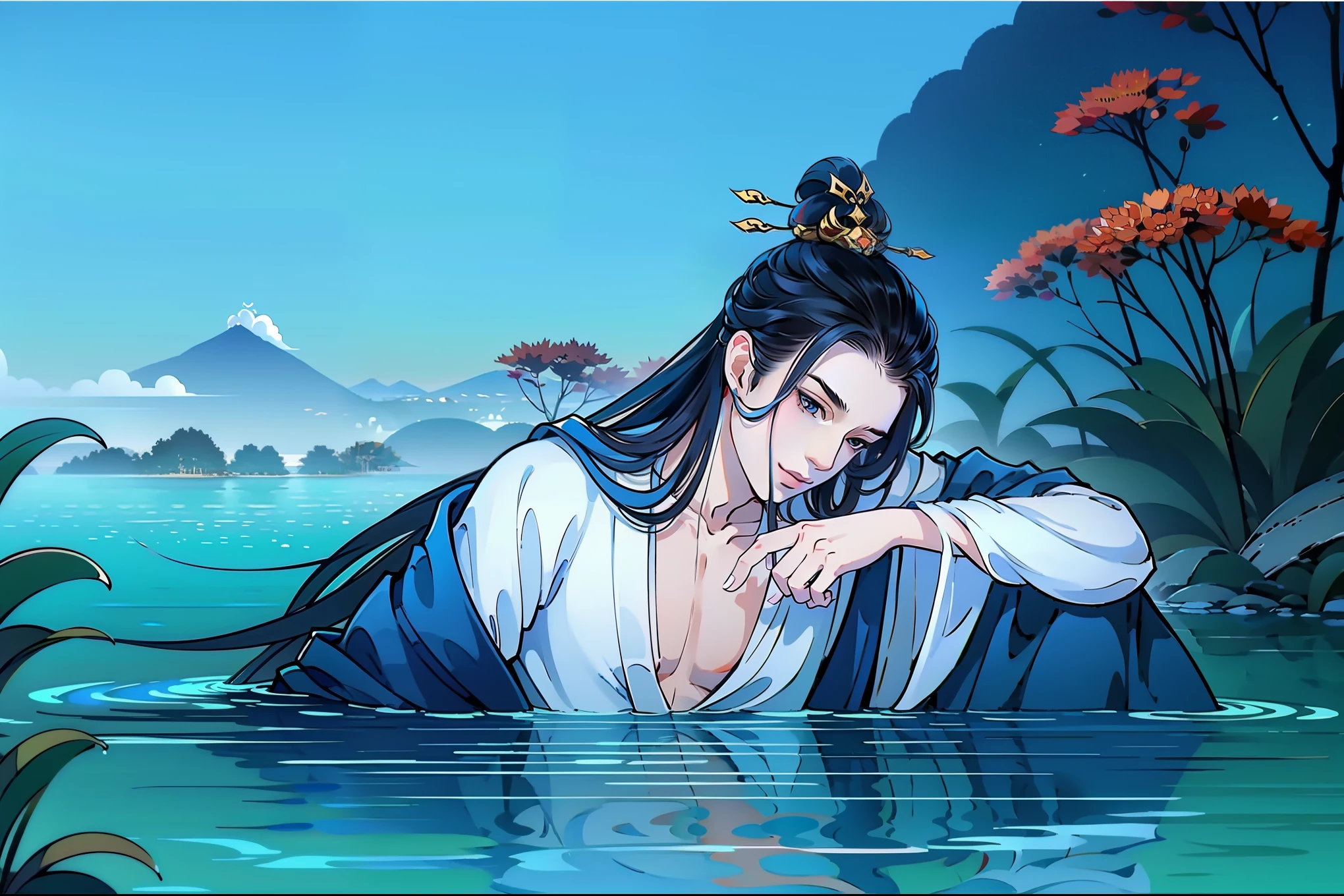 （masterpiece，super detailed，high清详情，high度细致的艺术）1 man lying in the water，Fog surrounds，Close-up foggy，alone，long hair，hot spring water，water vapor，Show chest，dead leaves，Clear water，hanfu，Ripples in the water，来自东亚的high度详细的角色设计，Game character costume design，超high分辨率, sharp focus, epic work, masterpiece, (Very detailed CG unified 8k wallpaper)，Handsome face，Sharp eyes，high