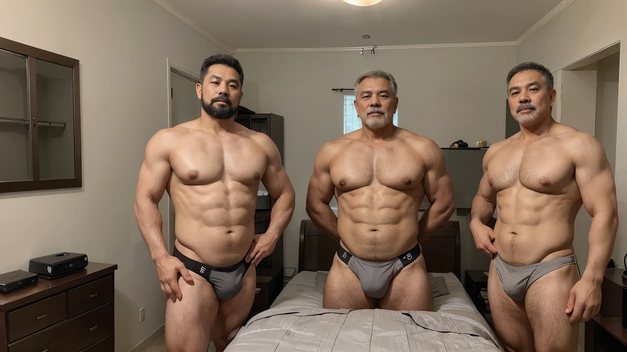 3 vietnamese grandfathers with gray hair, mature face, a thick mustache, a short chin beard, bear body, wearing a massive bulging gray jockstraps standing at the bedroom, have belly, big muscular chest, a sexy pose.