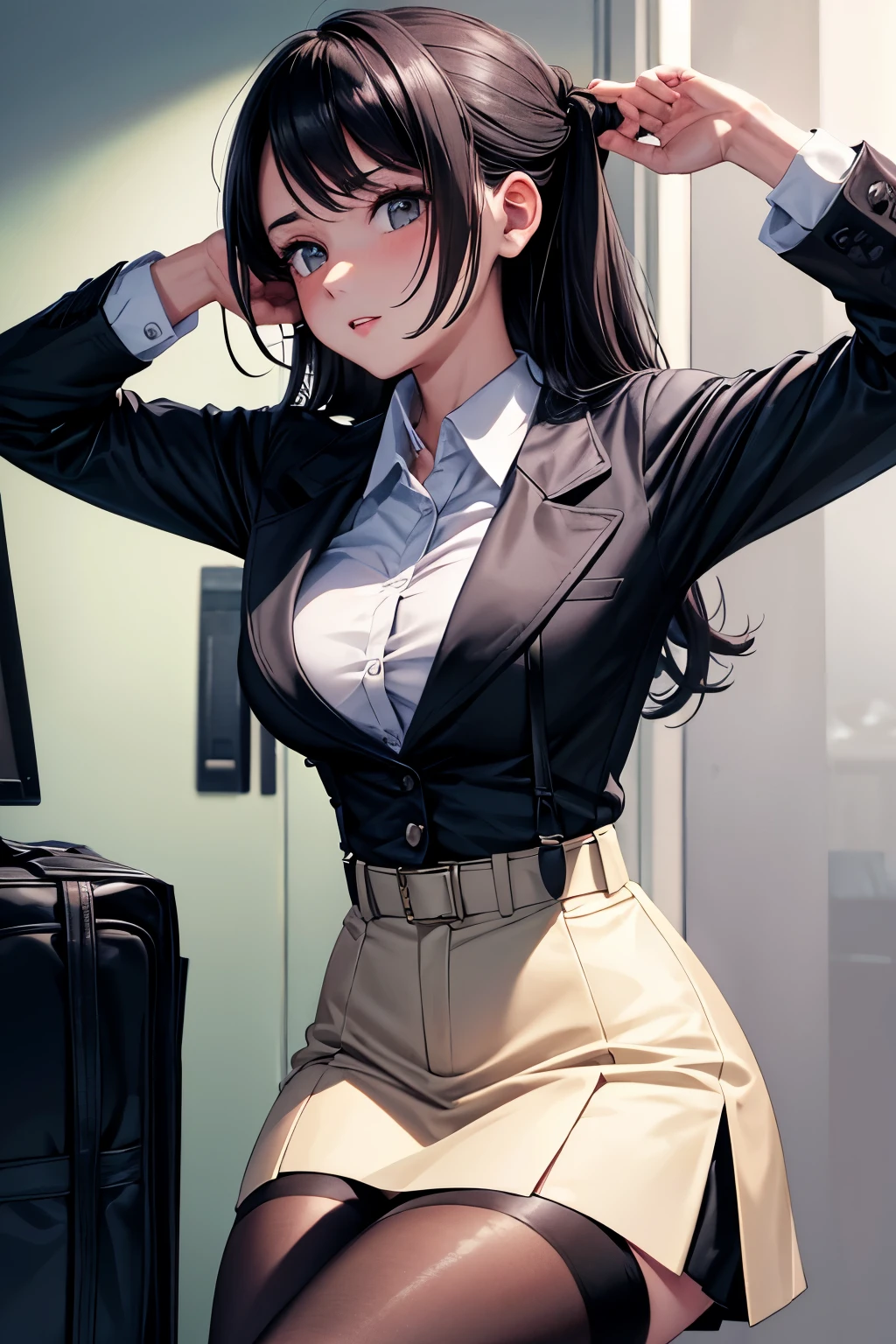 Black hair,eyecontact,Suit,Collared shirt,Belt bag,suspenders,Professional,Office Lady,Mature Women,Black mini skirt　garterbelts　knee high　Stockings　Black Niso　Colorcon armpit sweat　perspiring　Side of both hands,Black jacket,Gaze,ample bosom,Armpit sweat,Exposing the armpits"Pichi Pichi clothes