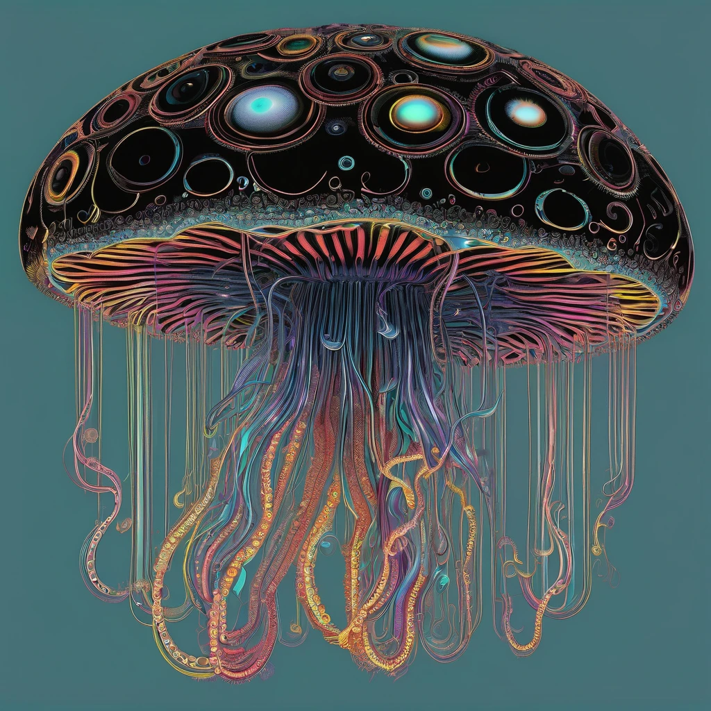 luminous object, aesthetic, extremely detailed, "PATCHWORK EMBROIDERY": UV BLACK LIGHT LINE ART PAINTING OF A BEAUTIFUL TRANSLUCENT JELLYFISH under the sea, marine fishe, colorful corals, by WETA FX and industrial light and magic, intricate elaborate RTX enhanced CGI render inspired by yayoi Kusama, pastel, intricate details, HDR, beautifully shot, hyperrealistic, sharp focus, megapixels, perfect composition, high contrast, cinematic, atmospheric, moody