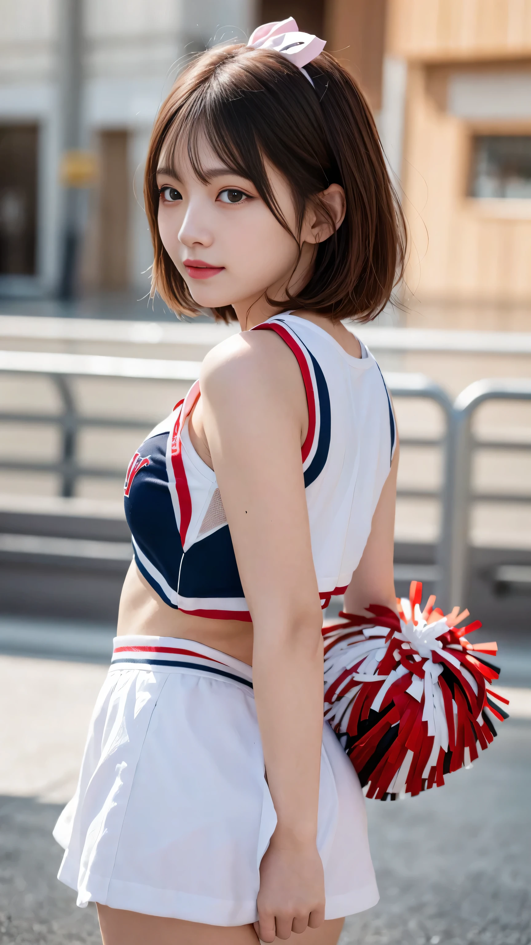 (8K, Raw photo, highest quality, masterpiece:1.2), super detailed, 超High resolution, High resolution,(realistic, photo realistic:1.4),Depth of the bounds written, realistic shadow, caustics, natural shading, photon mapping, fine-grained, perfect concentration,
break
cinematic lighting, soft lighting, HDR, Sigma 24mmF/2.8, ISO400, 1/125 seconds shutter,very delicate and beautiful, very detailed, 8K wallpaper, wonderful, finely, huge file size, very detailed CG, unity 8K wallpaper, official art, perfect artwork, production art,
break
((detailed and beautiful eyes, natural color lip, Soft white skin that shines in every detail, 18-year-old)), 1 girl, alone, blush, Breast augmentation,
break
short hair, pink hair, Fluffy bob cut,
break
eyebrows visible through hair, open your mouth, smile,
break
(Cheerleader:1.3), mini skirt, red bow,
break
looking at viewer,
break
from behind, cowboy shot
